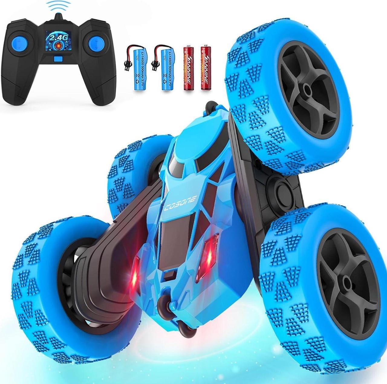 Main image of cosone Remote Control Car for Kids - RC Cars Boy Toys 4WD 2.4Ghz Double Sided 360° Rotating Rechargeable All Terrain Remote Car with LED Lights, Kids Boys Ideas - Blue
