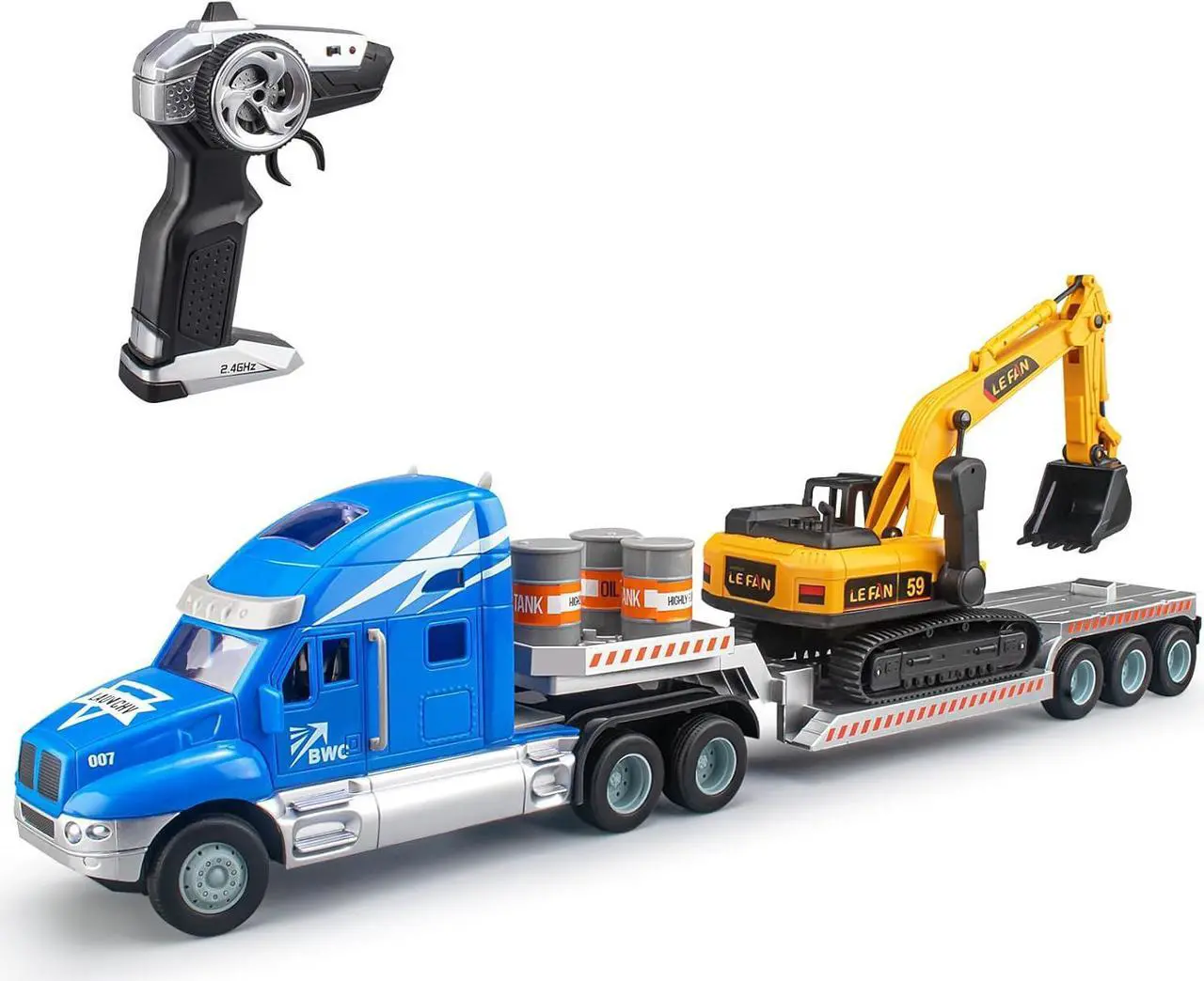 Main image of 2.4Ghz Remote Control Semi Truck with Excavator-21.7 Inch RC Semi Truck Toy for Kids, Flatbed Truck with Excavator, 1:16 Scale Rechargeable Batterie Fast Speed Semi Truck with Excavator Toy