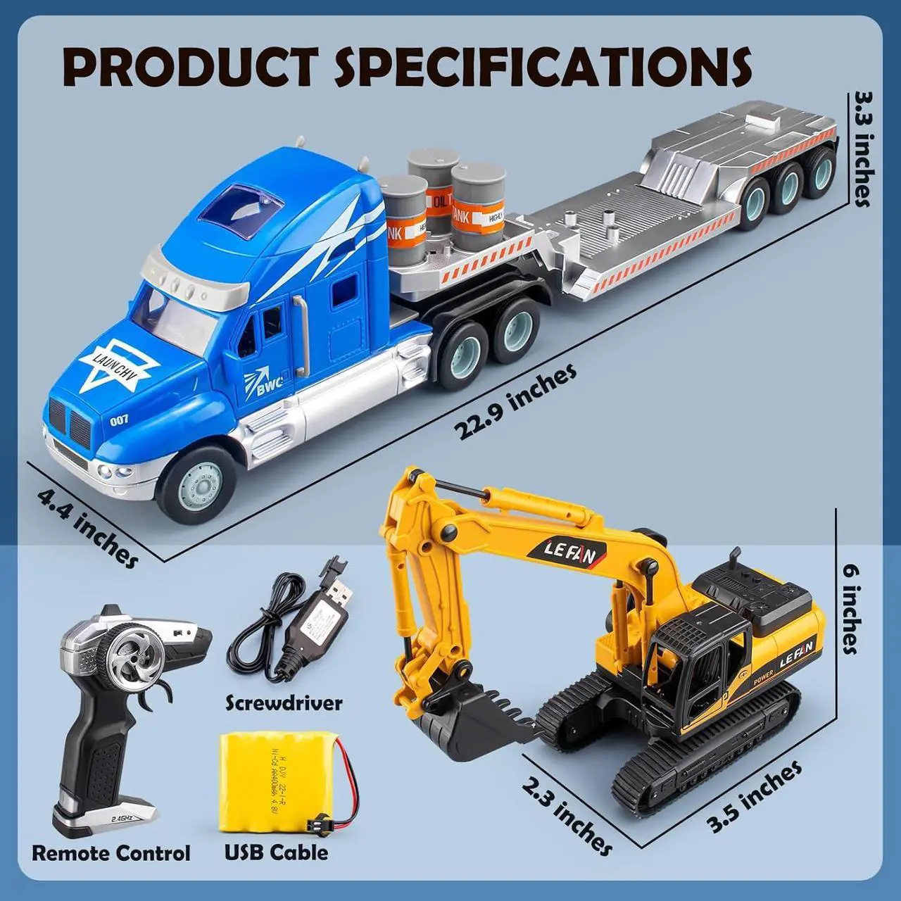 Alt view image 5 of 6 - 2.4Ghz Remote Control Semi Truck with Excavator-21.7 Inch RC Semi Truck Toy for Kids, Flatbed Truck with Excavator, 1:16 Scale Rechargeable Batterie Fast Speed Semi Truck with Excavator Toy