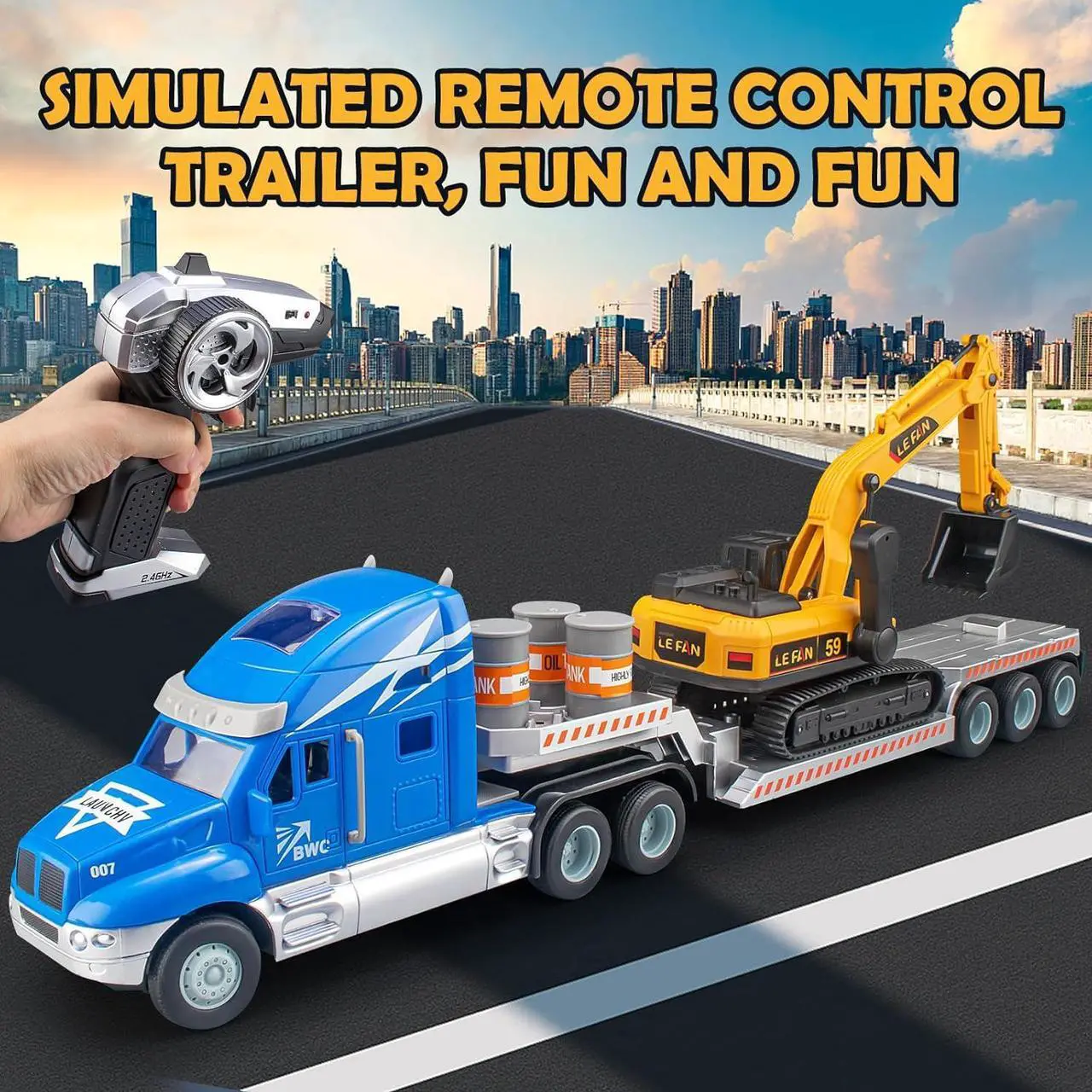 Alt view image 6 of 6 - 2.4Ghz Remote Control Semi Truck with Excavator-21.7 Inch RC Semi Truck Toy for Kids, Flatbed Truck with Excavator, 1:16 Scale Rechargeable Batterie Fast Speed Semi Truck with Excavator Toy