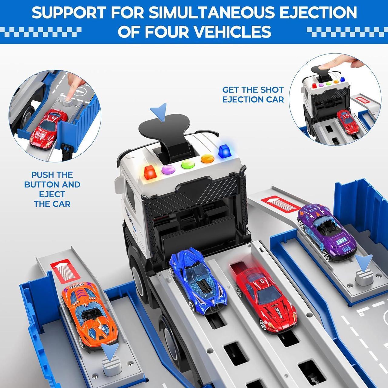 Alt view image 3 of 6 - Carrier Truck Race Track Toddlers Toys, Foldable 3 Layer Car Race Track Playset, Toy Truck Transport Car Carrier & 8 Race Cars, Truck Car Kids Toys Xmas Gifts for Age 3 4 5 6+ Years Old Boys Girls