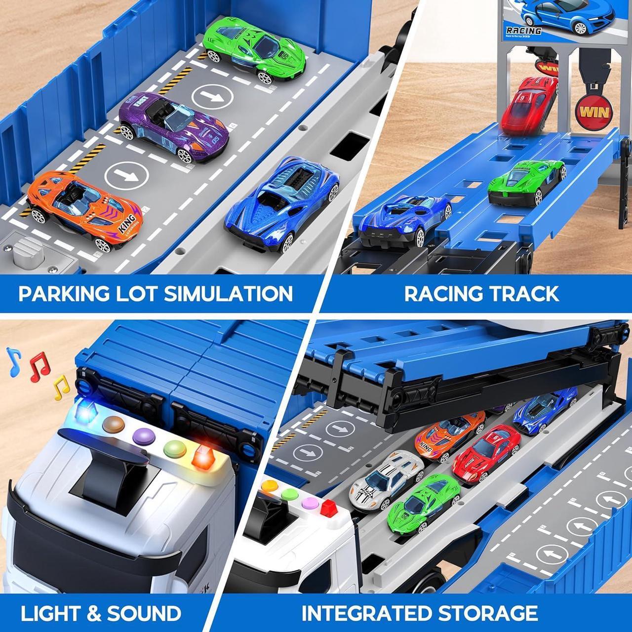 Alt view image 4 of 6 - Carrier Truck Race Track Toddlers Toys, Foldable 3 Layer Car Race Track Playset, Toy Truck Transport Car Carrier & 8 Race Cars, Truck Car Kids Toys Xmas Gifts for Age 3 4 5 6+ Years Old Boys Girls