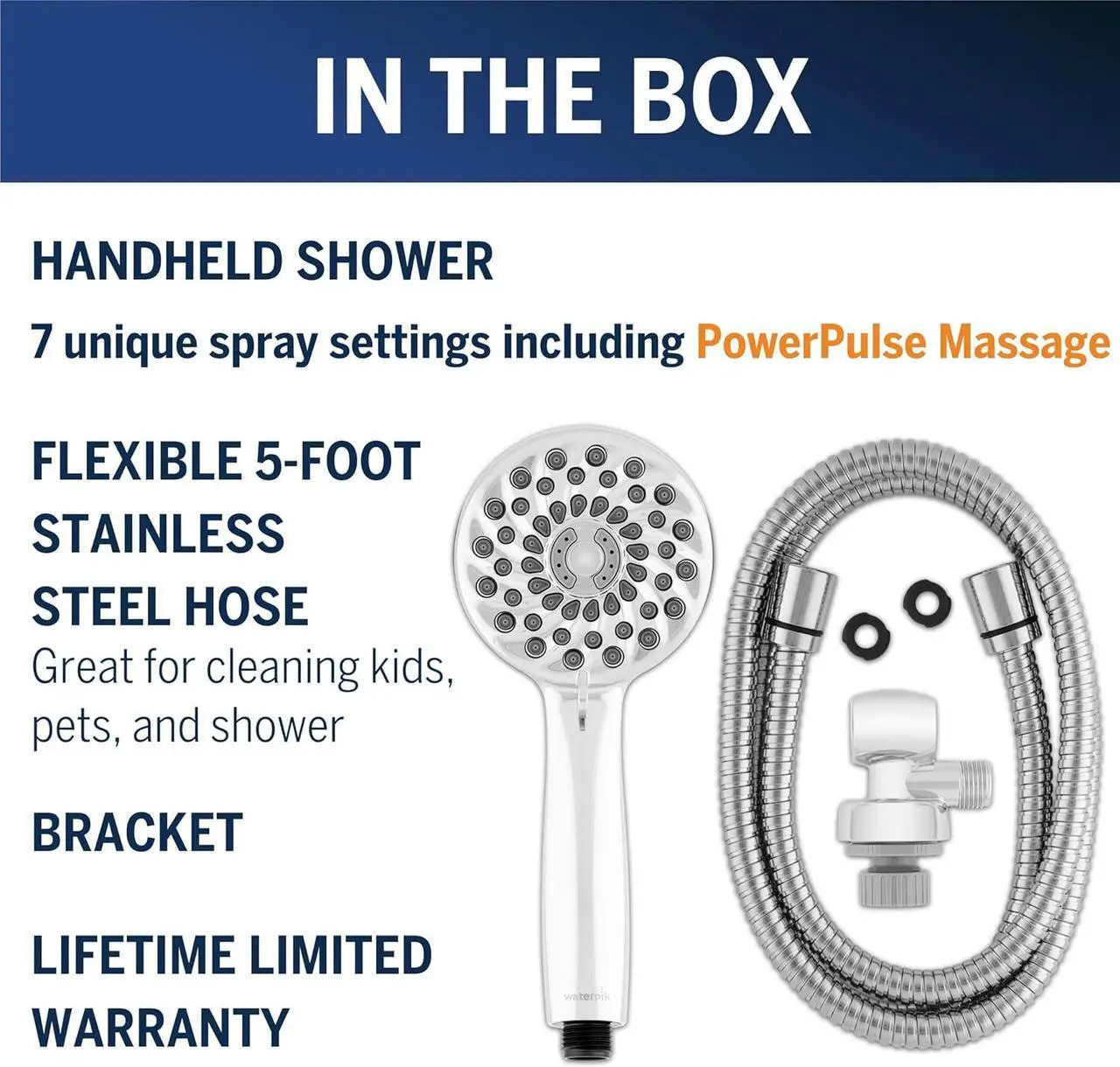 Alt view image 3 of 7 - Waterpik High Pressure Hand Held Shower Head With Hose, PowerPulse Massage 7-Mode, Chrome XPB-763ME