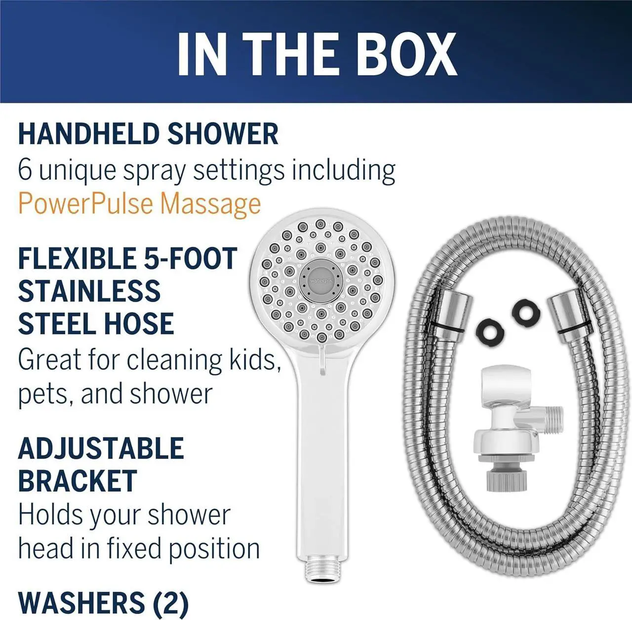 Alt view image 4 of 7 - Waterpik High Pressure Hand Held Shower Head With Hose, PowerPulse Massage 6-Mode, Chrome XAL-643ME