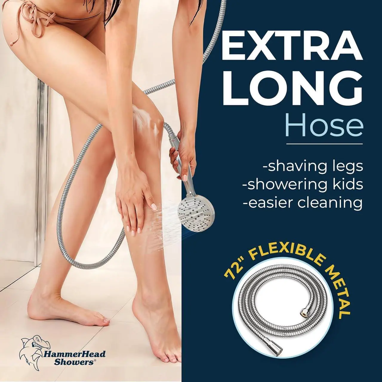 Alt view image 5 of 7 - HammerHead Showers® ALL METAL 3-Spray Handheld Shower Head with Long Hose and Holder - CHROME - 2.5 GPM High Pressure Shower Head with Handheld Sprayer - WIDE, MASSAGE, and MIST Sprays