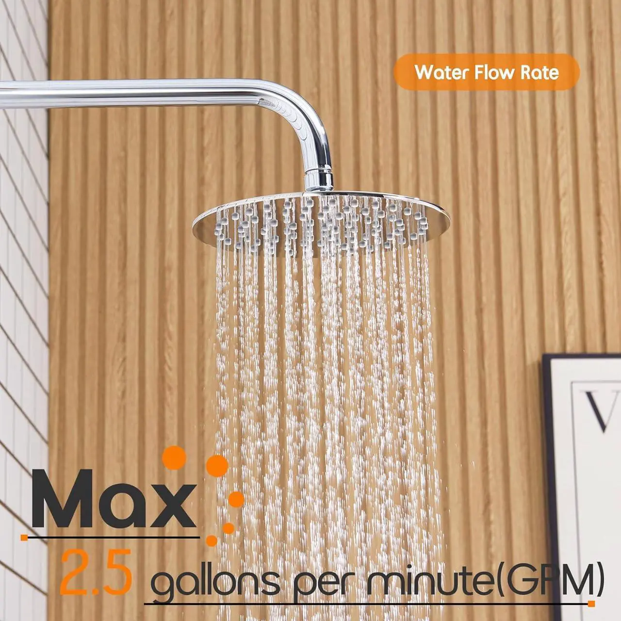 Alt view image 3 of 7 - Waterfall Showerhead 8-Inch Stainless Steel Bathroom Overhead Rainfall Shower Head with Adjustable Angle High Pressure, Chrome SH003CH-D8