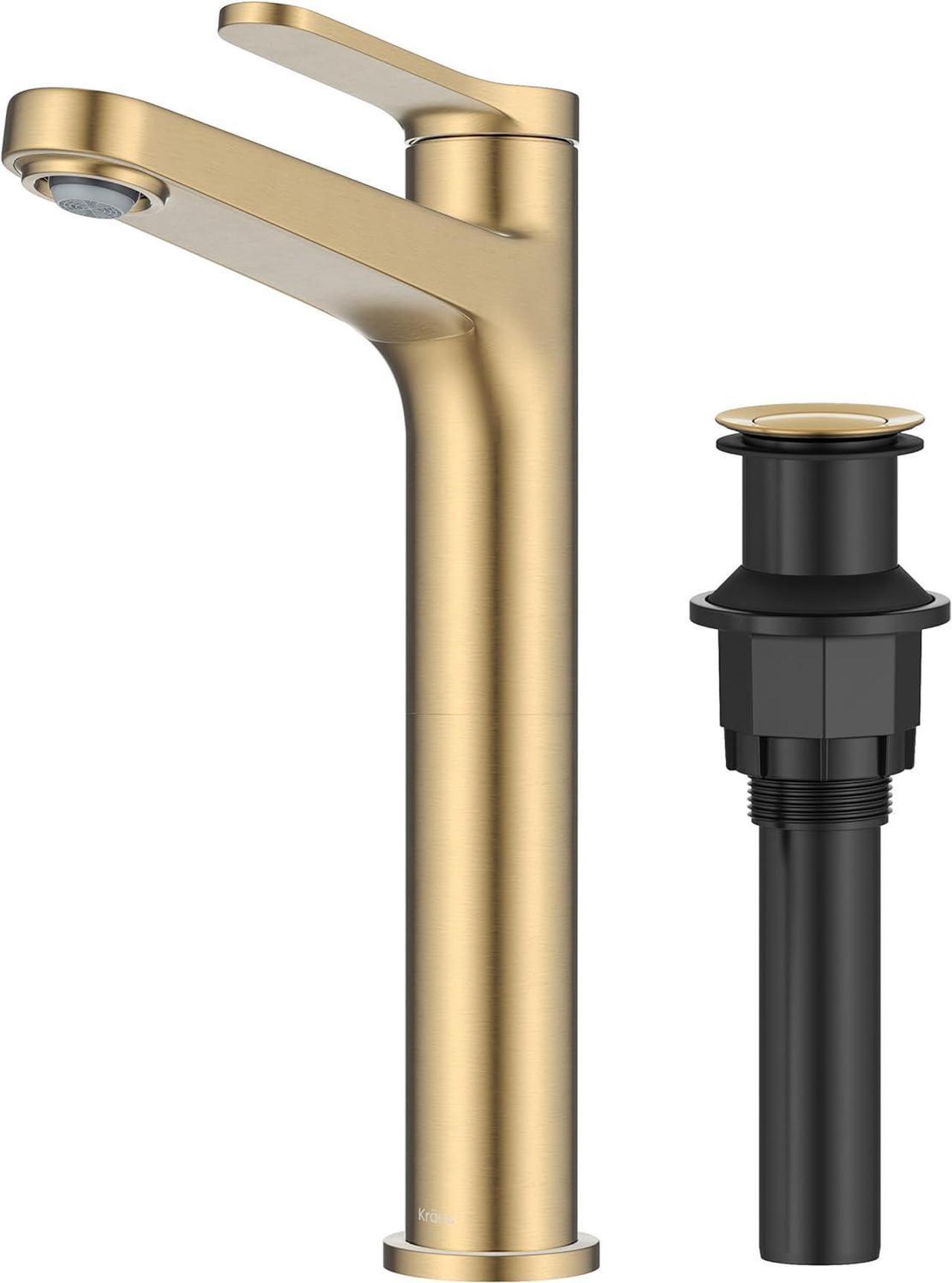 Main image of KRAUS Indy Bathroom Faucet for Vessel Sink in Spot-Free Brushed Brass with Single Handle, Pop Up Drain and Supply Lines, KVF-1410SFBB