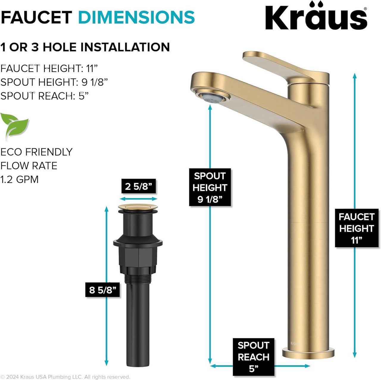 Alt view image 3 of 7 - KRAUS Indy Bathroom Faucet for Vessel Sink in Spot-Free Brushed Brass with Single Handle, Pop Up Drain and Supply Lines, KVF-1410SFBB