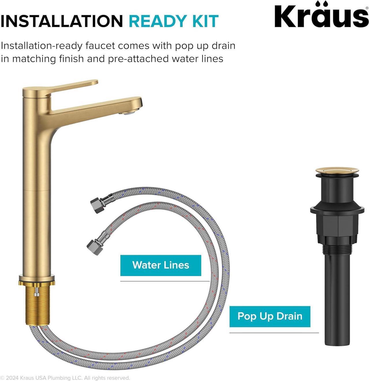Alt view image 7 of 7 - KRAUS Indy Bathroom Faucet for Vessel Sink in Spot-Free Brushed Brass with Single Handle, Pop Up Drain and Supply Lines, KVF-1410SFBB