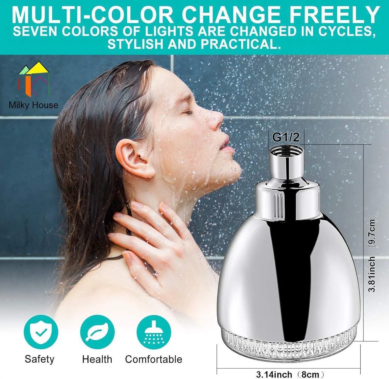Alt view image 2 of 7 - LED Shower Head, Shower Head with Light, 7 Color Flash Light Automatically Changing LED Fixed Showerhead for Bathroom Adjustable High Pressure Rain Shower Head Light up for Kid Adult Easy Installation