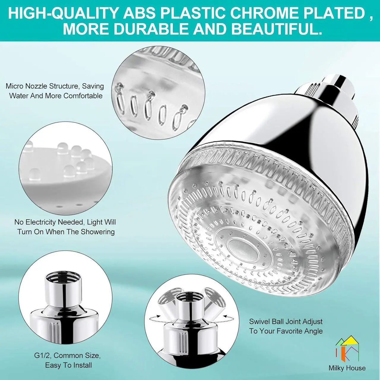 Alt view image 5 of 7 - LED Shower Head, Shower Head with Light, 7 Color Flash Light Automatically Changing LED Fixed Showerhead for Bathroom Adjustable High Pressure Rain Shower Head Light up for Kid Adult Easy Installation