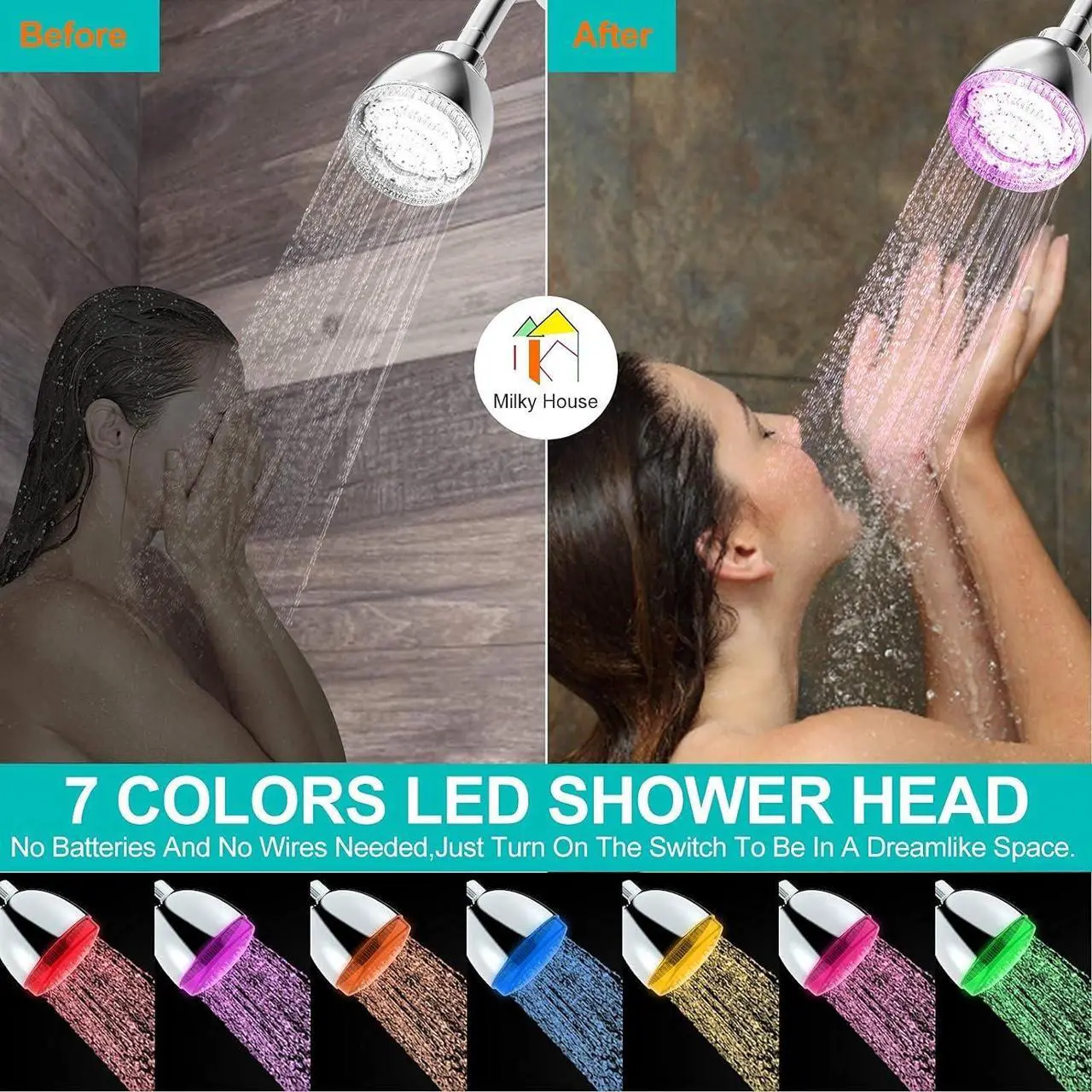 Alt view image 4 of 7 - LED Shower Head, Shower Head with Light, 7 Color Flash Light Automatically Changing LED Fixed Showerhead for Bathroom Adjustable High Pressure Rain Shower Head Light up for Kid Adult Easy Installation