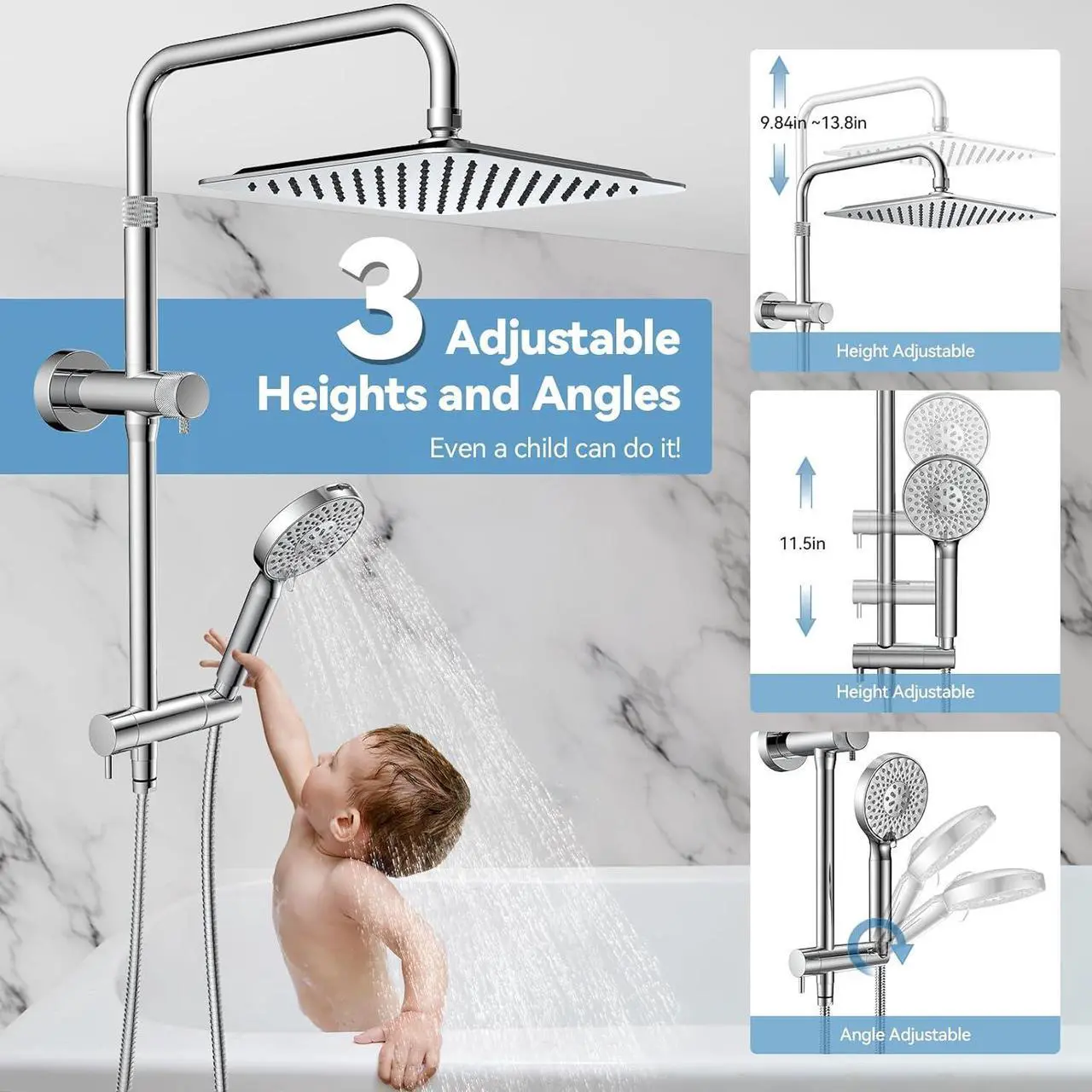 Alt view image 4 of 7 - Rainfall Shower Heads with Handheld Combo - 10 Inch High Pressure Rain Shower Head 9 Modes Handheld Shower Head with Height Adjustable Shower Extension Arm and Slide Bar - Chrome