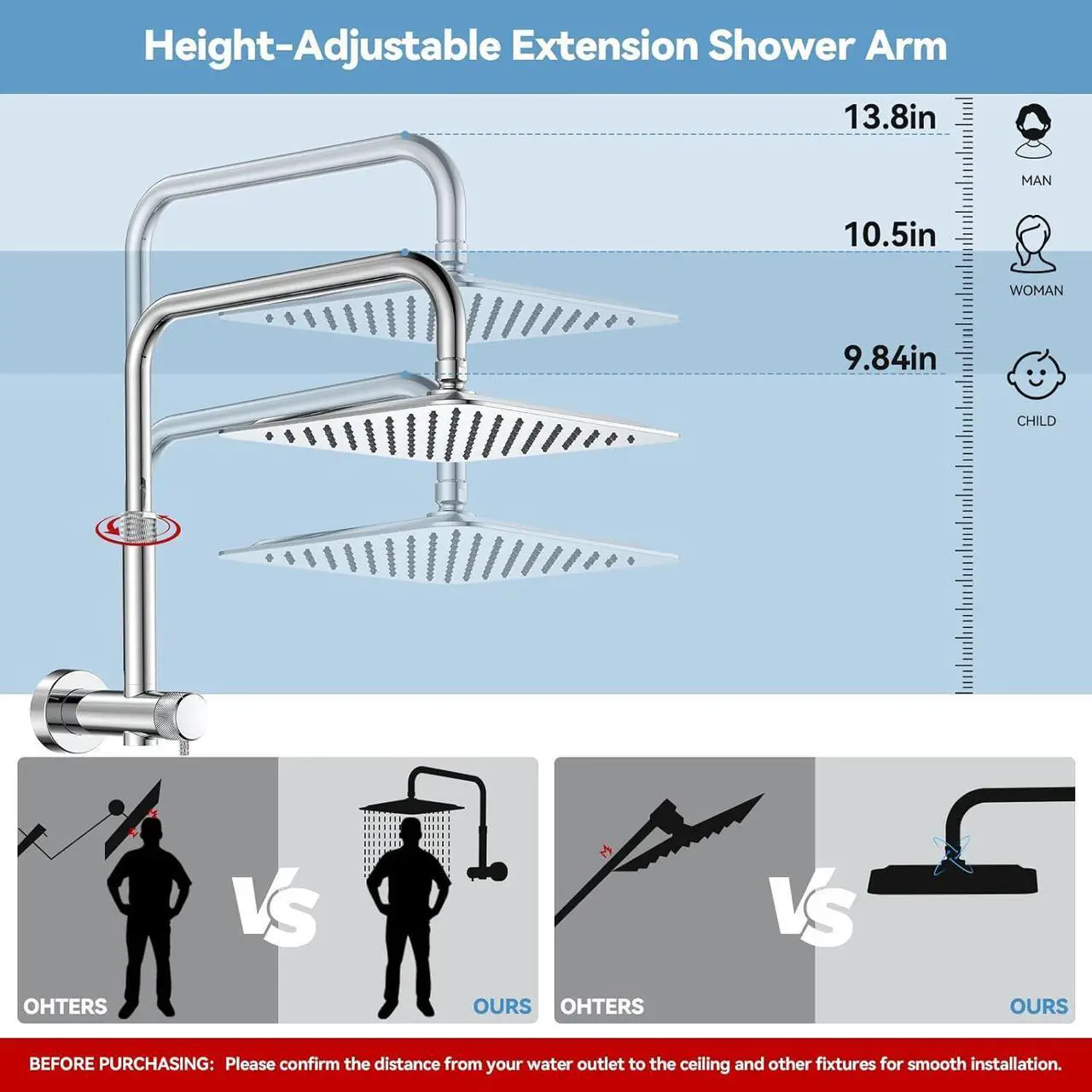 Alt view image 3 of 7 - Rainfall Shower Heads with Handheld Combo - 10 Inch High Pressure Rain Shower Head 9 Modes Handheld Shower Head with Height Adjustable Shower Extension Arm and Slide Bar - Chrome