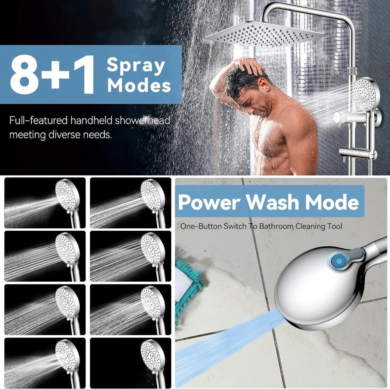 Alt view image 6 of 7 - Rainfall Shower Heads with Handheld Combo - 10 Inch High Pressure Rain Shower Head 9 Modes Handheld Shower Head with Height Adjustable Shower Extension Arm and Slide Bar - Chrome