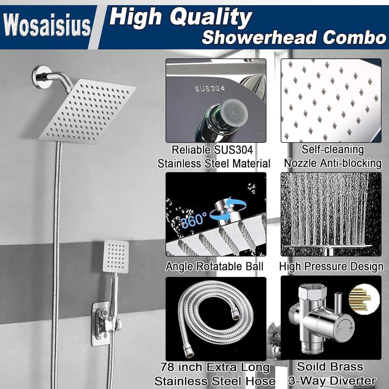 Alt view image 4 of 7 - High Pressure 6'' Rainfall Shower Head with Handheld Combo, Wosaisius All Metal Waterfall Showerhead, Dual Shower Head with 78" Shower Hose, 3-Way Diverter, Adhesive Shower Holder, Chrome
