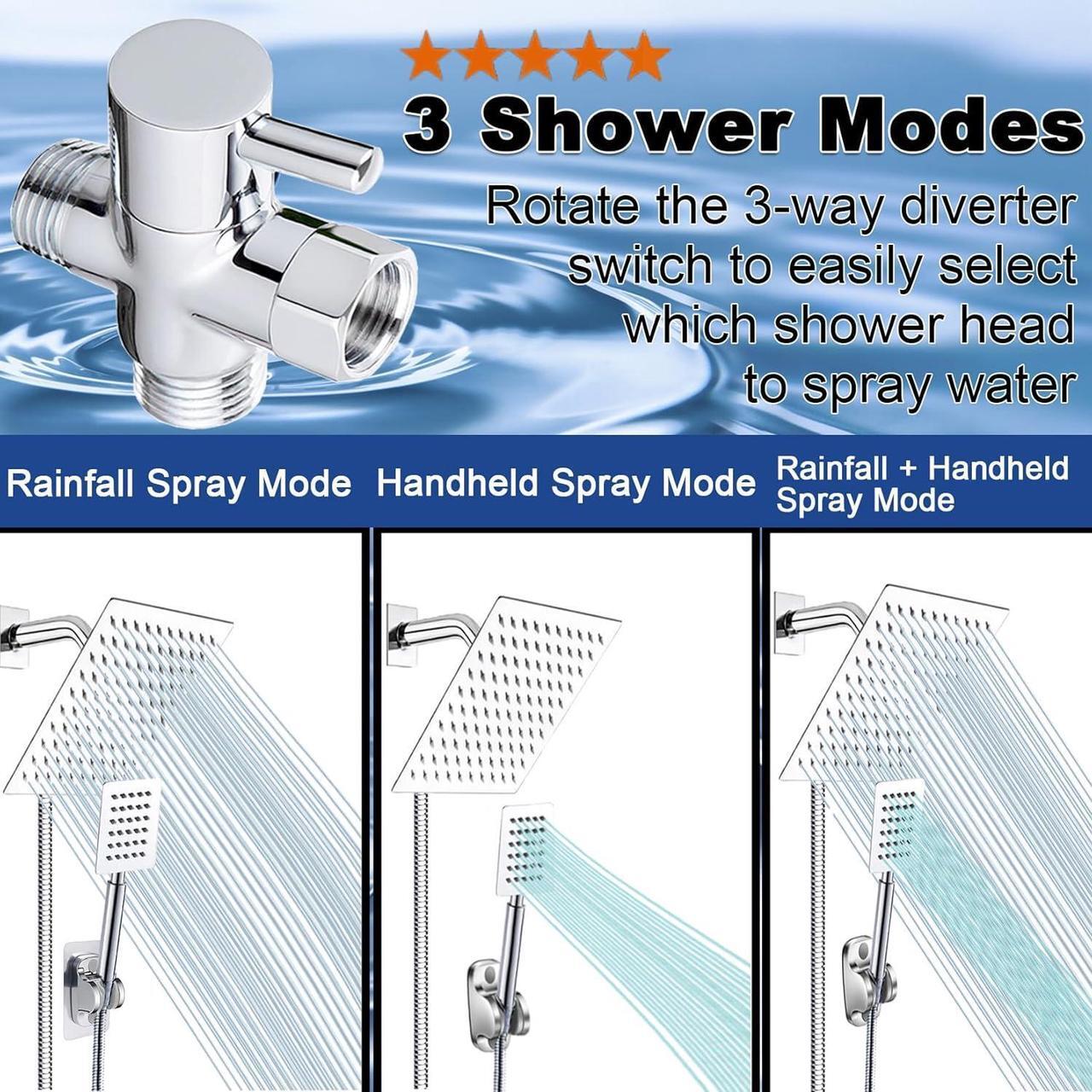 Alt view image 5 of 7 - High Pressure 6'' Rainfall Shower Head with Handheld Combo, Wosaisius All Metal Waterfall Showerhead, Dual Shower Head with 78" Shower Hose, 3-Way Diverter, Adhesive Shower Holder, Chrome