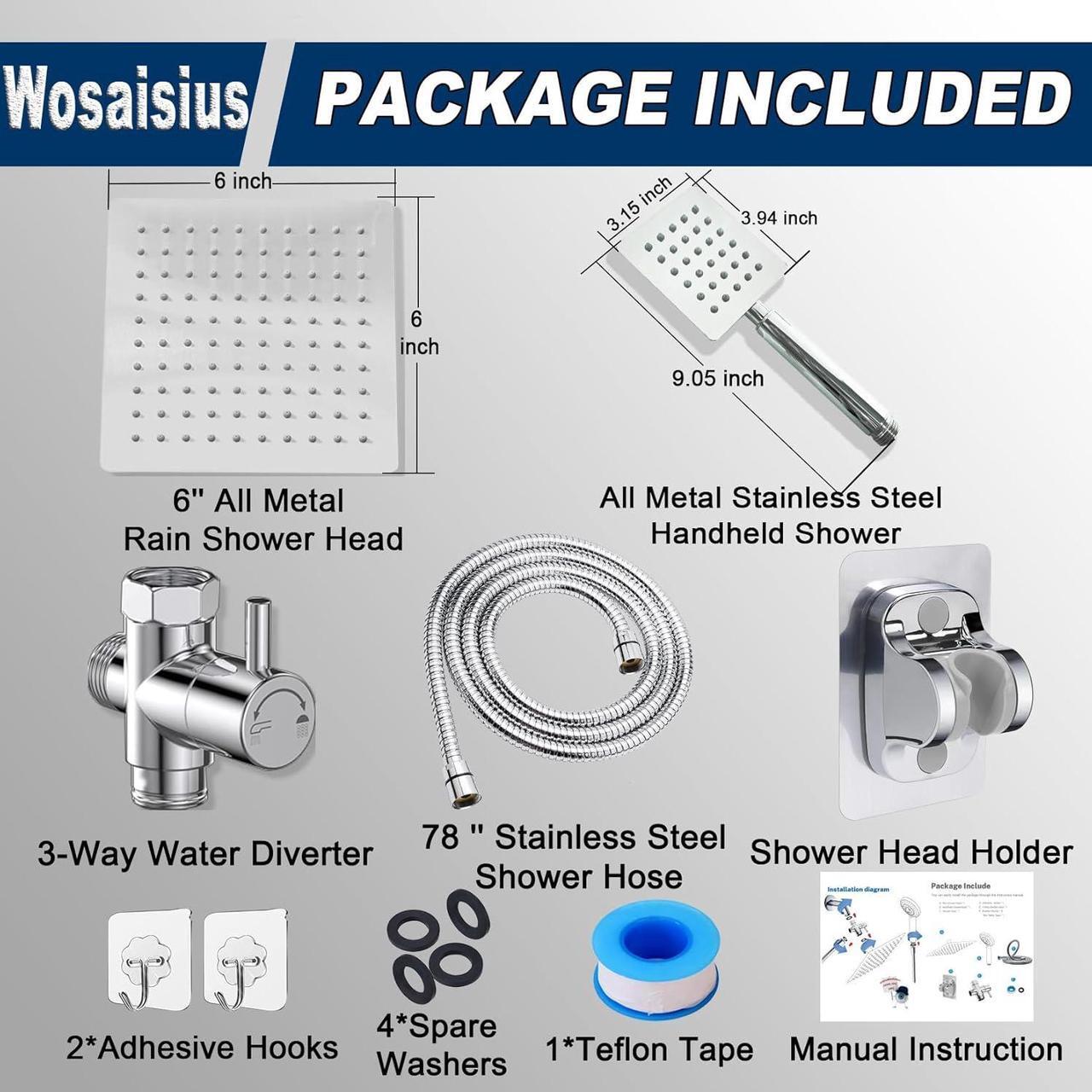 Alt view image 6 of 7 - High Pressure 6'' Rainfall Shower Head with Handheld Combo, Wosaisius All Metal Waterfall Showerhead, Dual Shower Head with 78" Shower Hose, 3-Way Diverter, Adhesive Shower Holder, Chrome