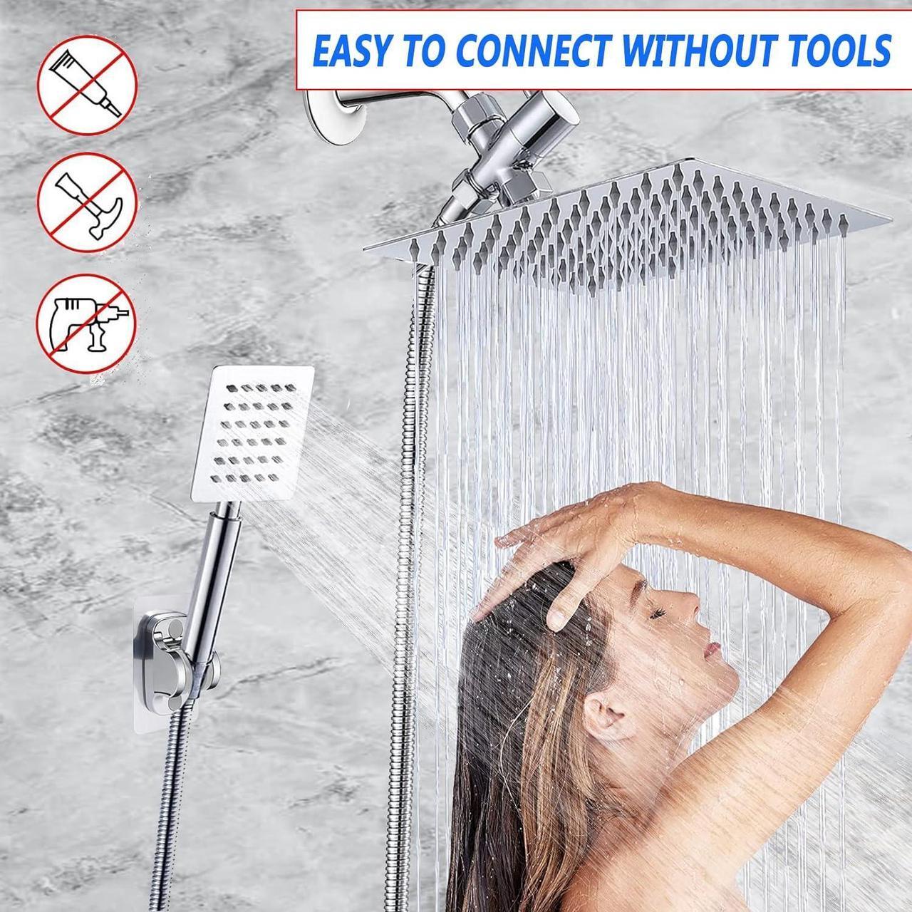 Alt view image 3 of 7 - High Pressure 6'' Rainfall Shower Head with Handheld Combo, Wosaisius All Metal Waterfall Showerhead, Dual Shower Head with 78" Shower Hose, 3-Way Diverter, Adhesive Shower Holder, Chrome