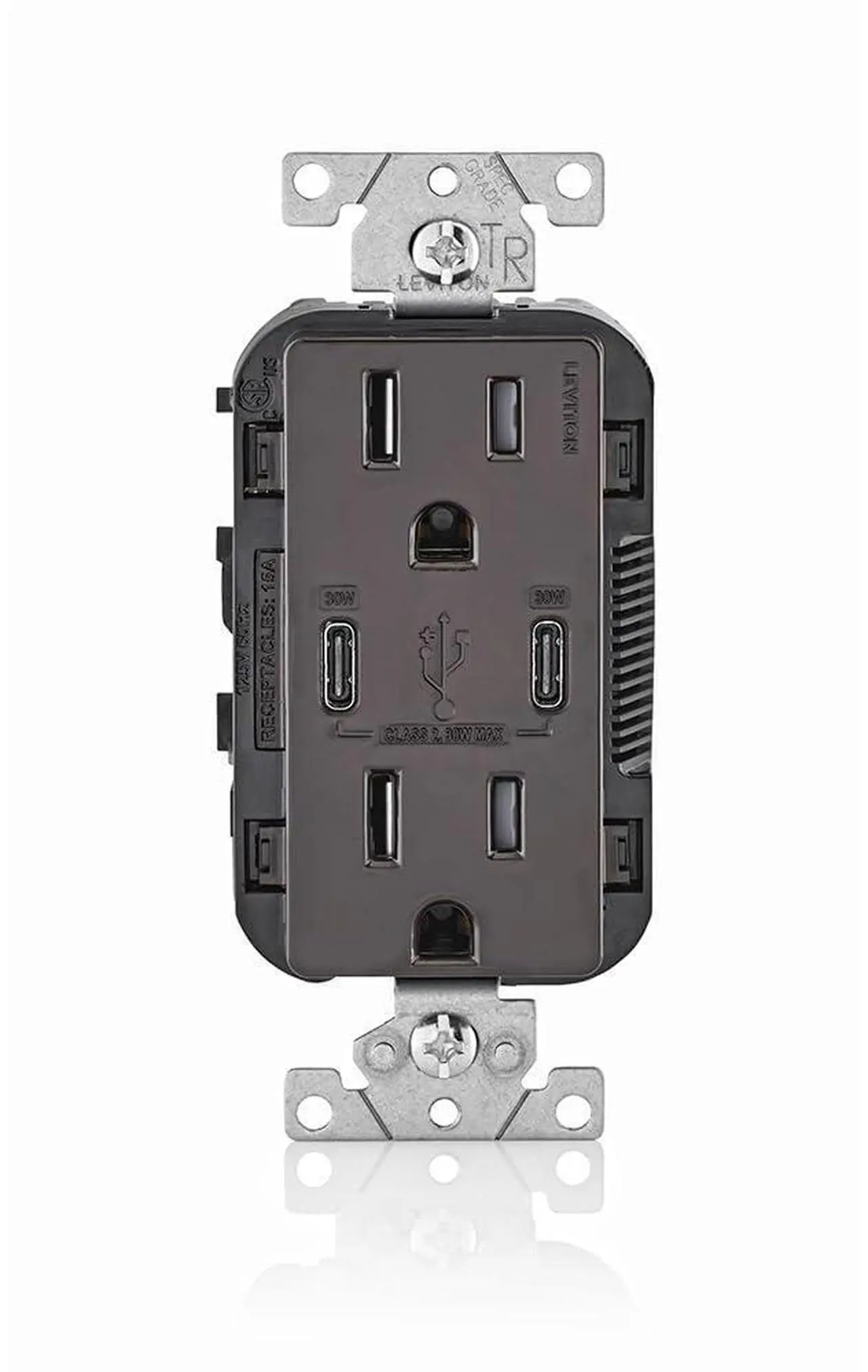 Main image of Leviton 30W (6A) USB Dual Type-C/C Power Delivery In-Wall Charger with 15A Tamper-Resistant Outlet, USB Charger for Smartphones, Tablets, Laptops, T5635-B, Brown