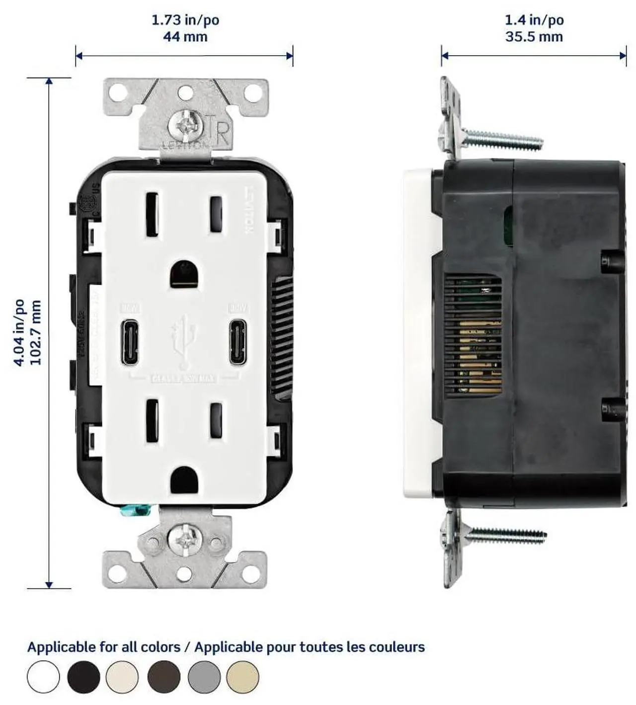 Alt view image 3 of 7 - Leviton 30W (6A) USB Dual Type-C/C Power Delivery In-Wall Charger with 15A Tamper-Resistant Outlet, USB Charger for Smartphones, Tablets, Laptops, T5635-G, Gray