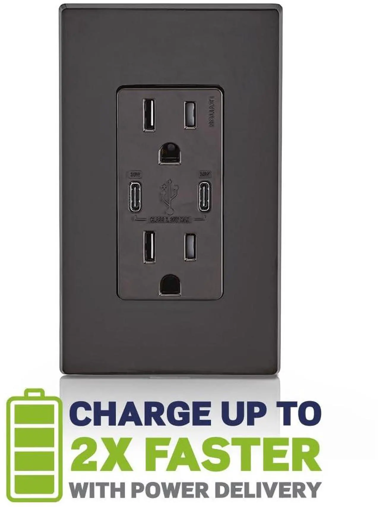 Alt view image 4 of 7 - Leviton 30W (6A) USB Dual Type-C/C Power Delivery In-Wall Charger with 15A Tamper-Resistant Outlet, USB Charger for Smartphones, Tablets, Laptops, T5635-B, Brown