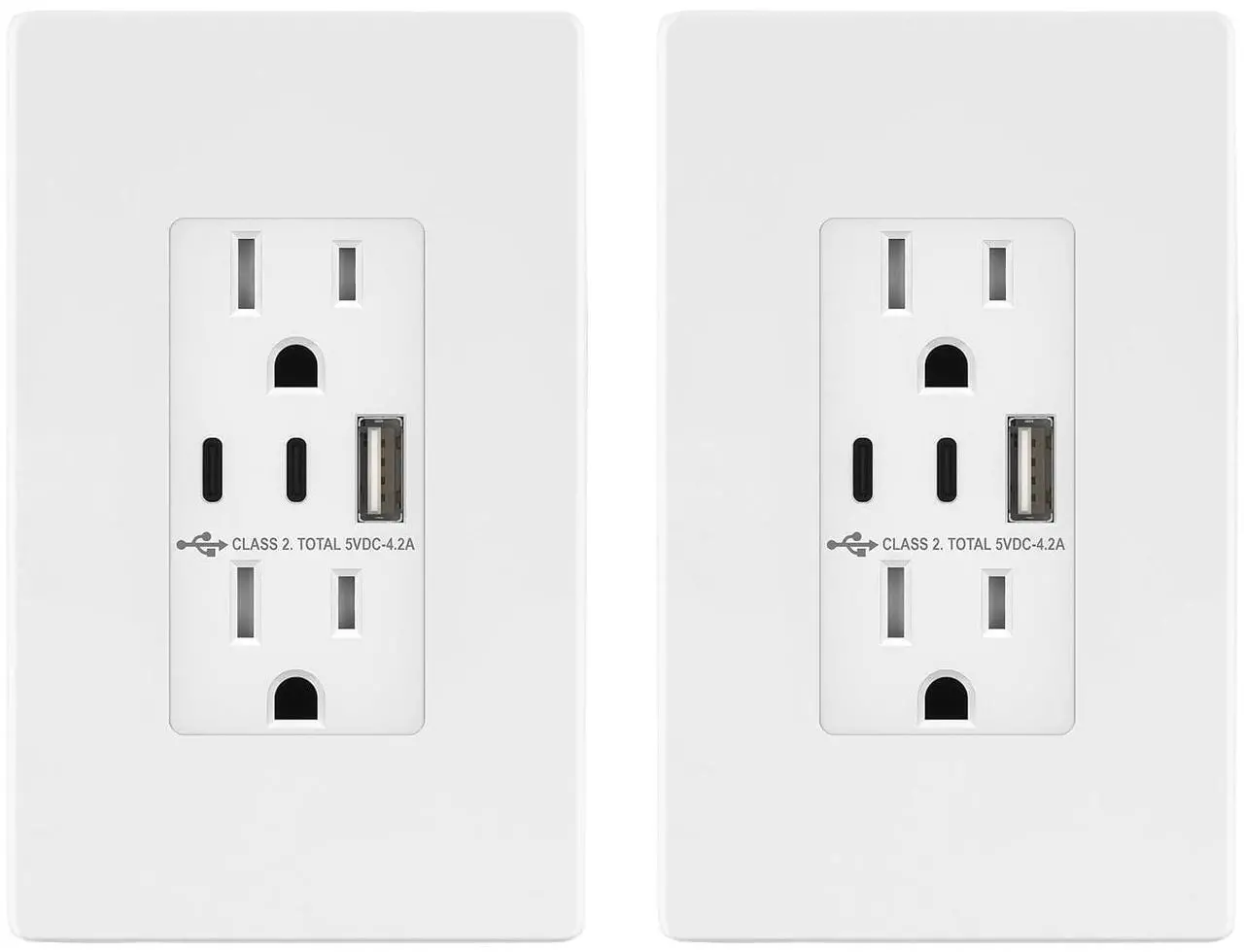 Main image of TOPGREENER 4.2A 3-Port Type C USB Outlet, 15 Amp Receptacle Plug, Charging Power Outlet with Dual Type C&A Ports, Screwless Wall Plate Included, UL Listed, TU21542AC2-WSID, White, 2 Pack