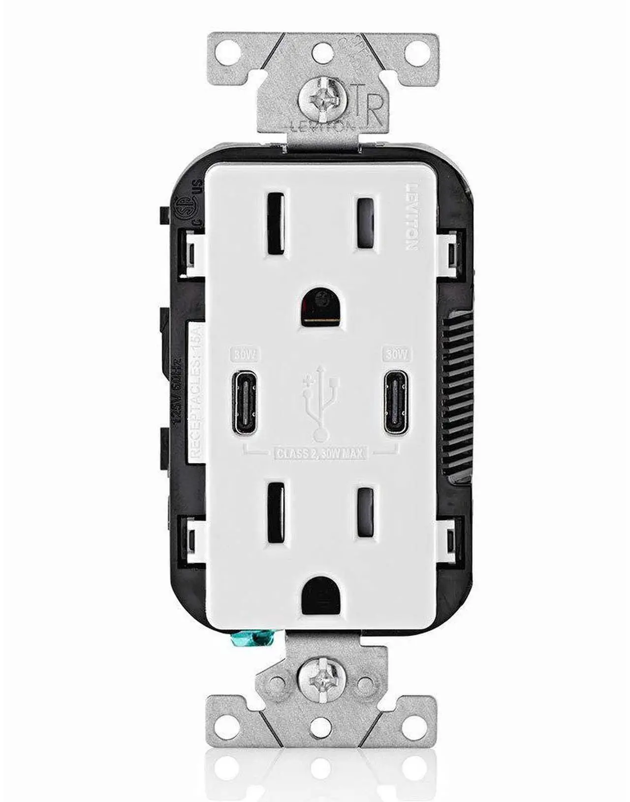 Main image of Leviton 30W (6A) USB Dual Type-C/C Power Delivery In-Wall Charger with 15A Tamper-Resistant Outlet, USB Charger for Smartphones, Tablets, Laptops, T5635-W, White