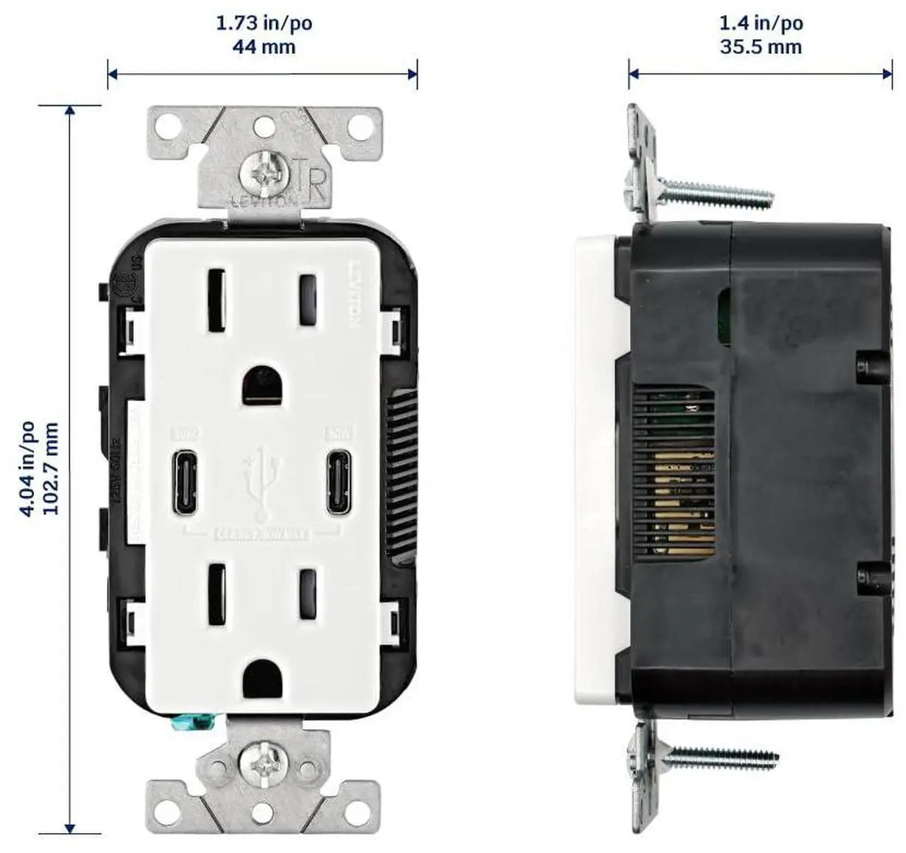 Alt view image 2 of 7 - Leviton 30W (6A) USB Dual Type-C/C Power Delivery In-Wall Charger with 15A Tamper-Resistant Outlet, USB Charger for Smartphones, Tablets, Laptops, T5635-W, White