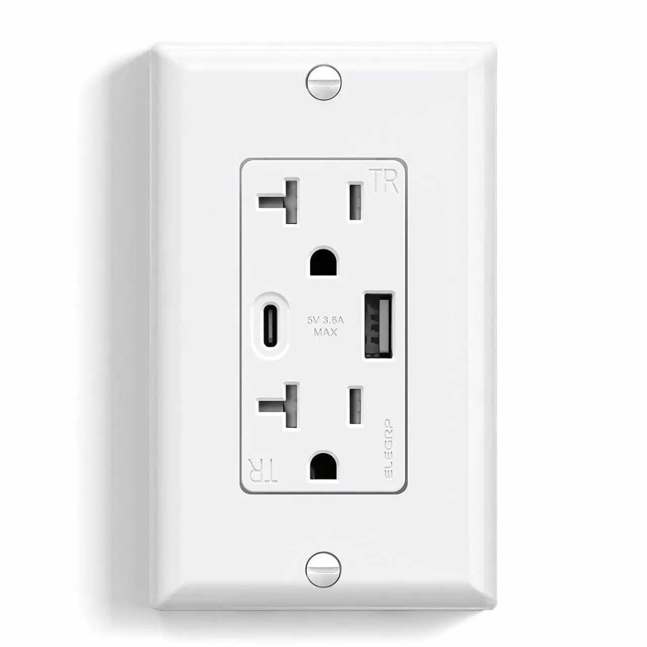 Main image of ELEGRP Wall Outlet, 20 Amp C Wall Outlets Receptacles, Outlets with A and C Ports, Tamper Resistant Receptacle, Wall Plate Included, UL Listed, 1 Pack, White