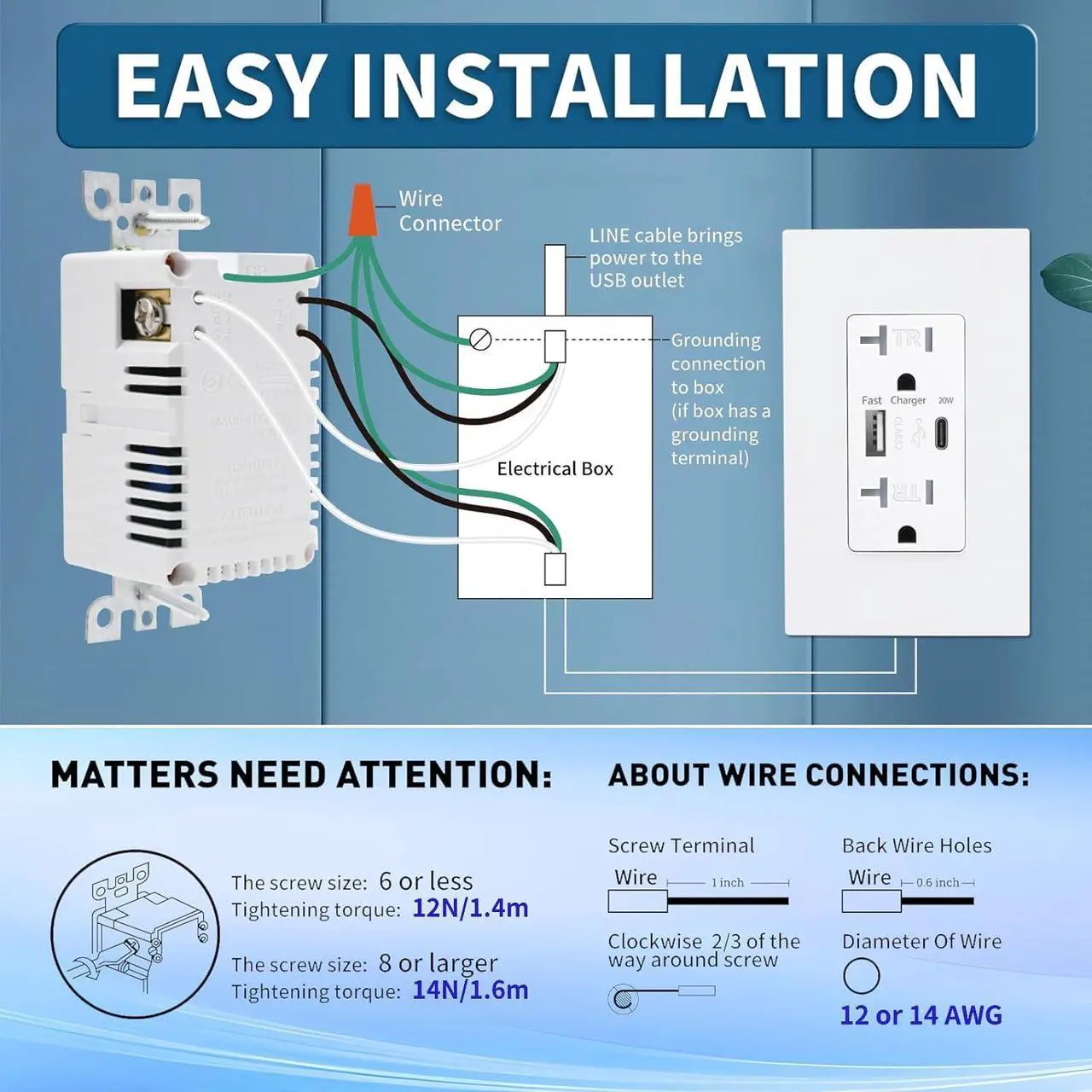 Alt view image 6 of 7 - USB Wall Outlet, USB Charger Outlets Receptacles with 4.2A USB C Ports, 20 Amp Duplex Tamper Resistant Receptacle Plug with USB Electrical Outlet, Wall Plate Included, ETL ListedWhite, 6 Pack
