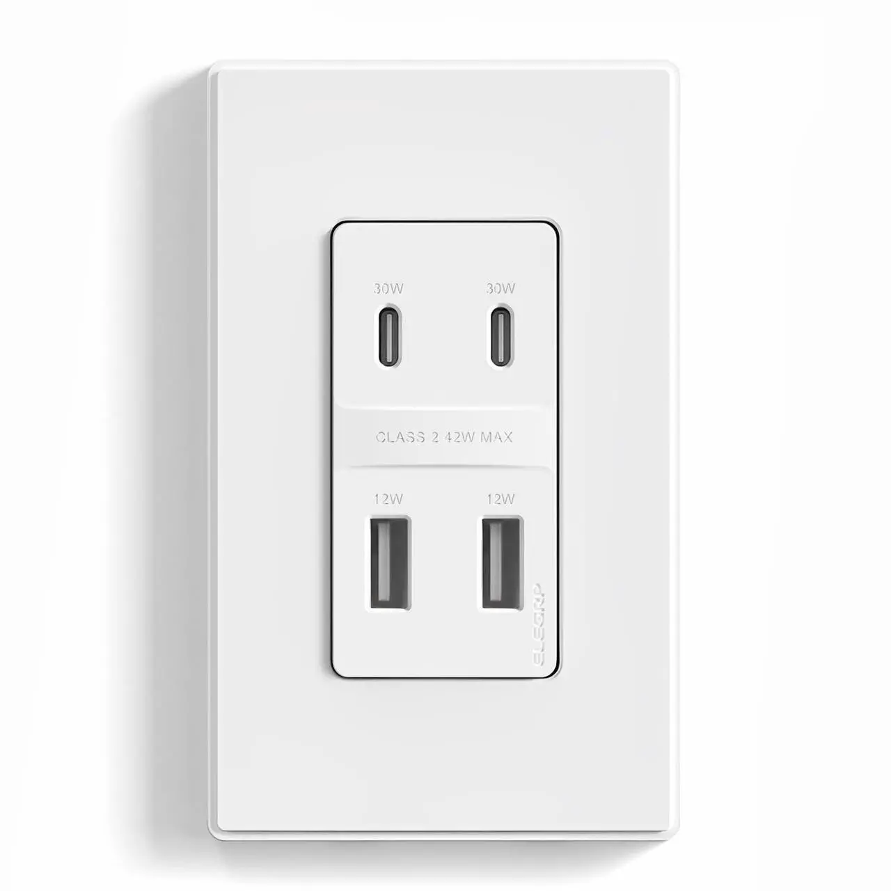 Main image of ELEGRP USB Wall Outlet, 42W Fast Charge & Power Delivery 4-Ports USB Charger, Wall Outlet with 4 USB Ports, UL/CUL Listed, Wall Plate Included, 1 Pack, Matte White