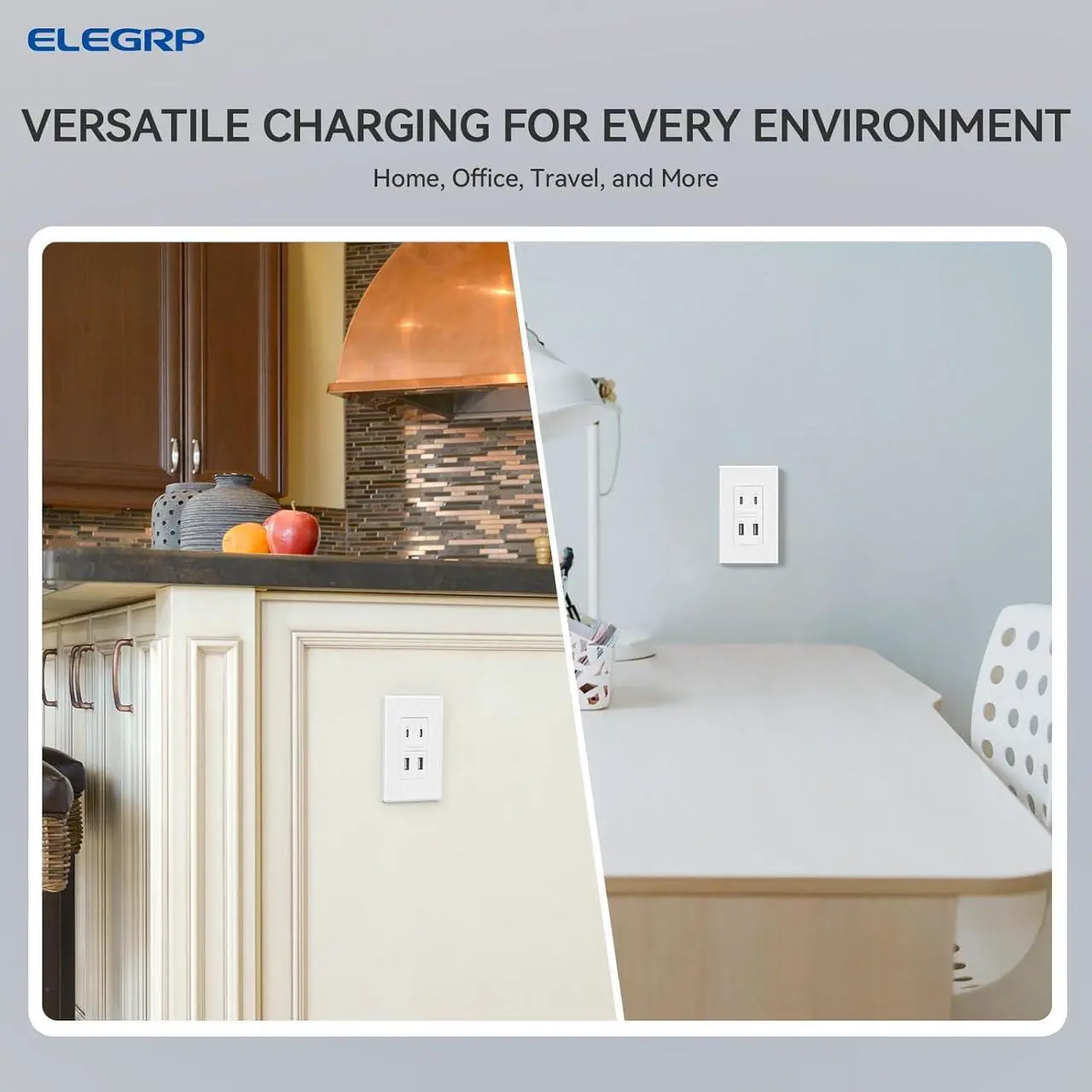 Alt view image 6 of 6 - ELEGRP USB Wall Outlet, 42W Fast Charge & Power Delivery 4-Ports USB Charger, Wall Outlet with 4 USB Ports, UL/CUL Listed, Wall Plate Included, 1 Pack, Matte White