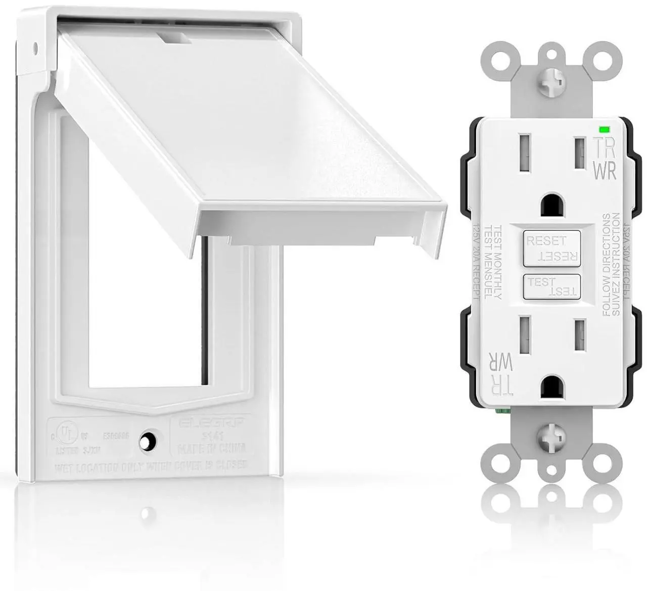 Main image of ELEGRP Outdoor GFCI Outlet with Cover, Weather Resistant GFCI Receptacle and Wall Plate, 15 Amp Self-Test GFI Electrical Outlet, Thinner Design Ground Fault Receptacle, UL Listed, Matte White, 1 Pack