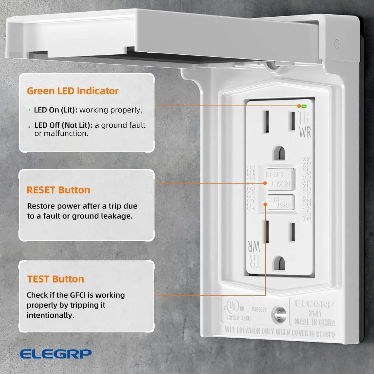 Alt view image 4 of 7 - ELEGRP Outdoor GFCI Outlet with Cover, Weather Resistant GFCI Receptacle and Wall Plate, 15 Amp Self-Test GFI Electrical Outlet, Thinner Design Ground Fault Receptacle, UL Listed, Matte White, 1 Pack