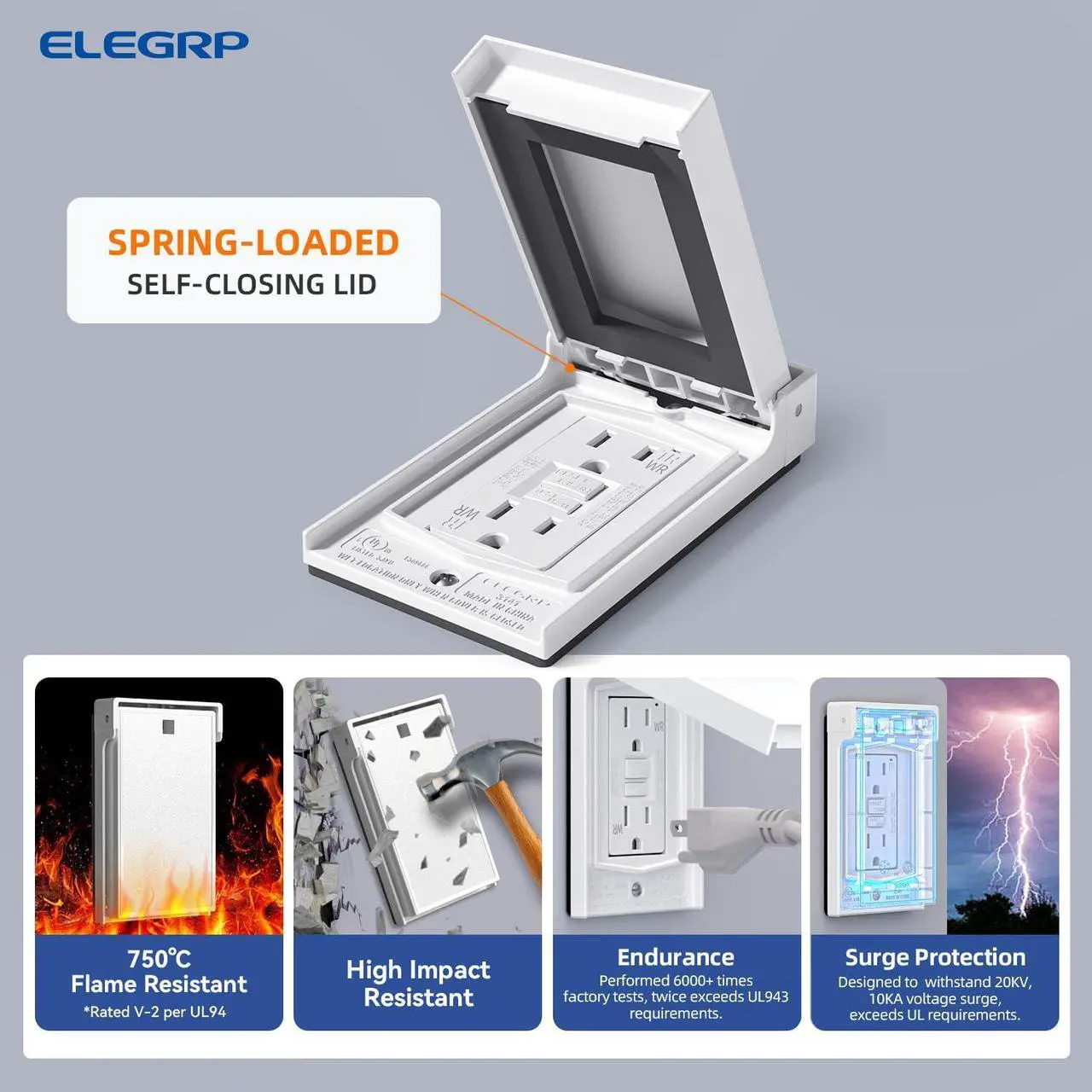 Alt view image 5 of 7 - ELEGRP Outdoor GFCI Outlet with Cover, Weather Resistant GFCI Receptacle and Wall Plate, 15 Amp Self-Test GFI Electrical Outlet, Thinner Design Ground Fault Receptacle, UL Listed, Matte White, 1 Pack