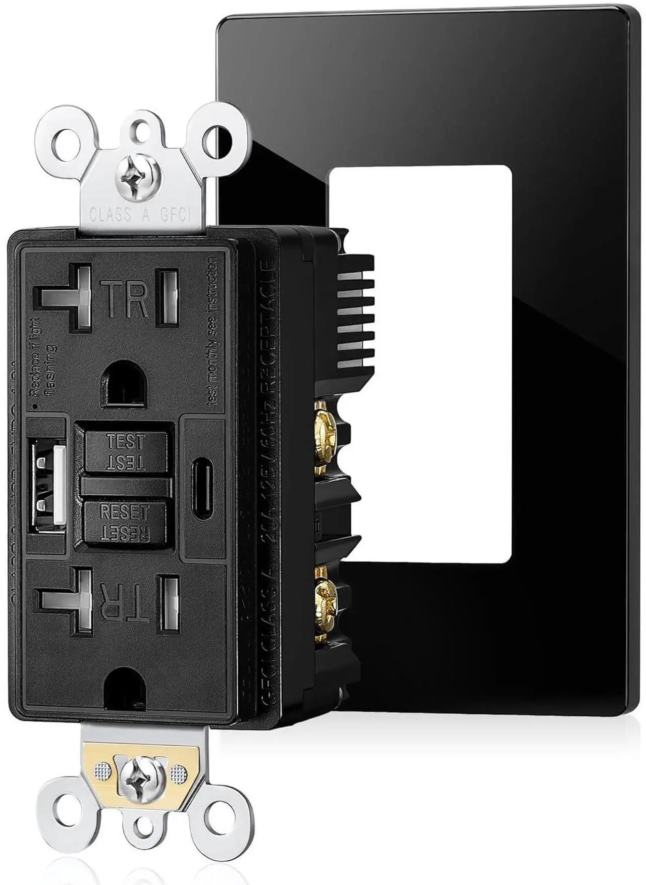 Main image of SURAIELEC 20 Amp GFCI Outlet with USB Ports, Self-Test GFCI Combination with USB-C & USB-A, Tamper-Resistant GFCI Electrical Outlet, GFCI USB Outlet with Screwless Wall Plate, ETL Listed,Black,1-Pack