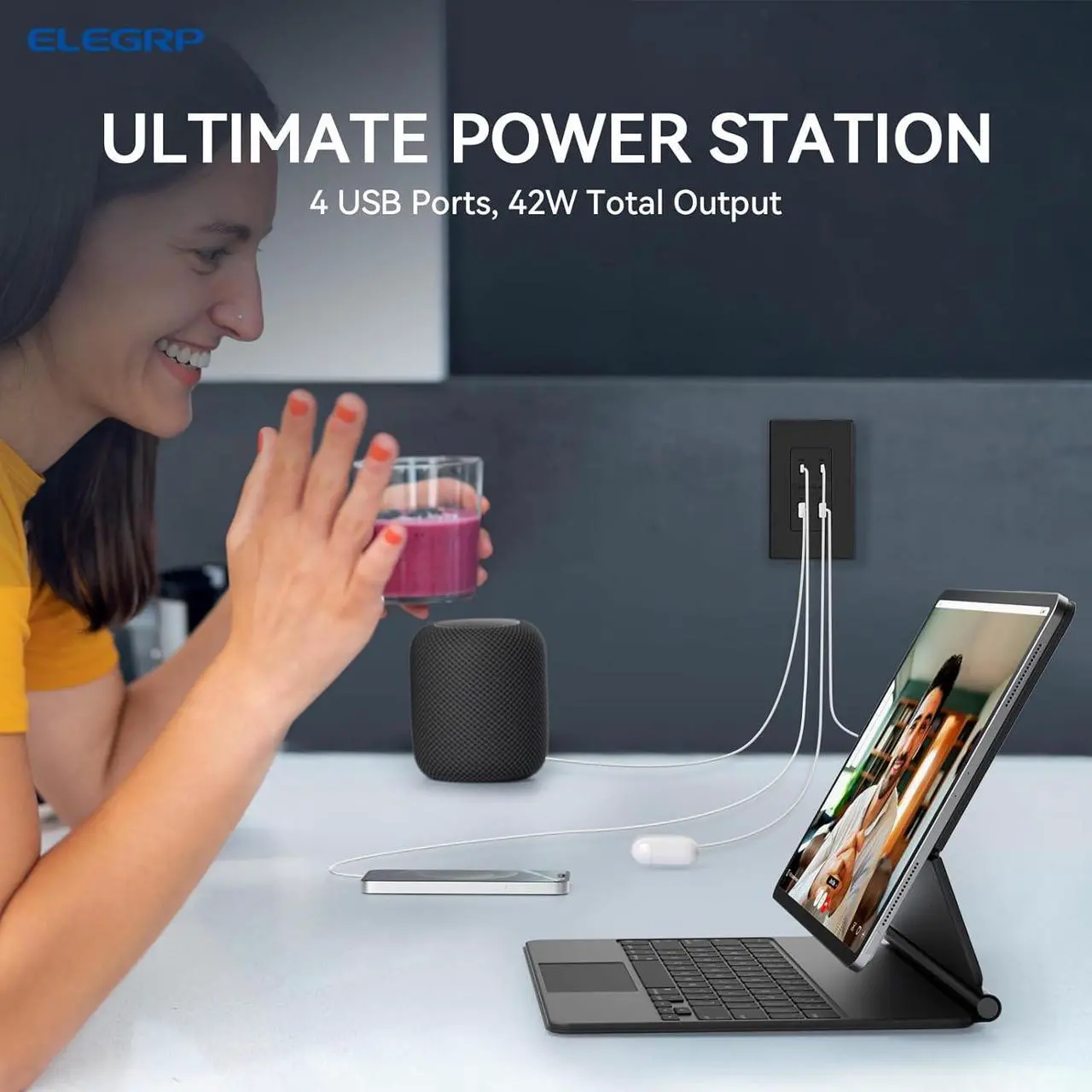 Alt view image 2 of 6 - ELEGRP 42W Fast Charge & Power Delivery 4-Port USB Wall Outlet, UL/CUL Listed, Wall Plate Included, Matte Black