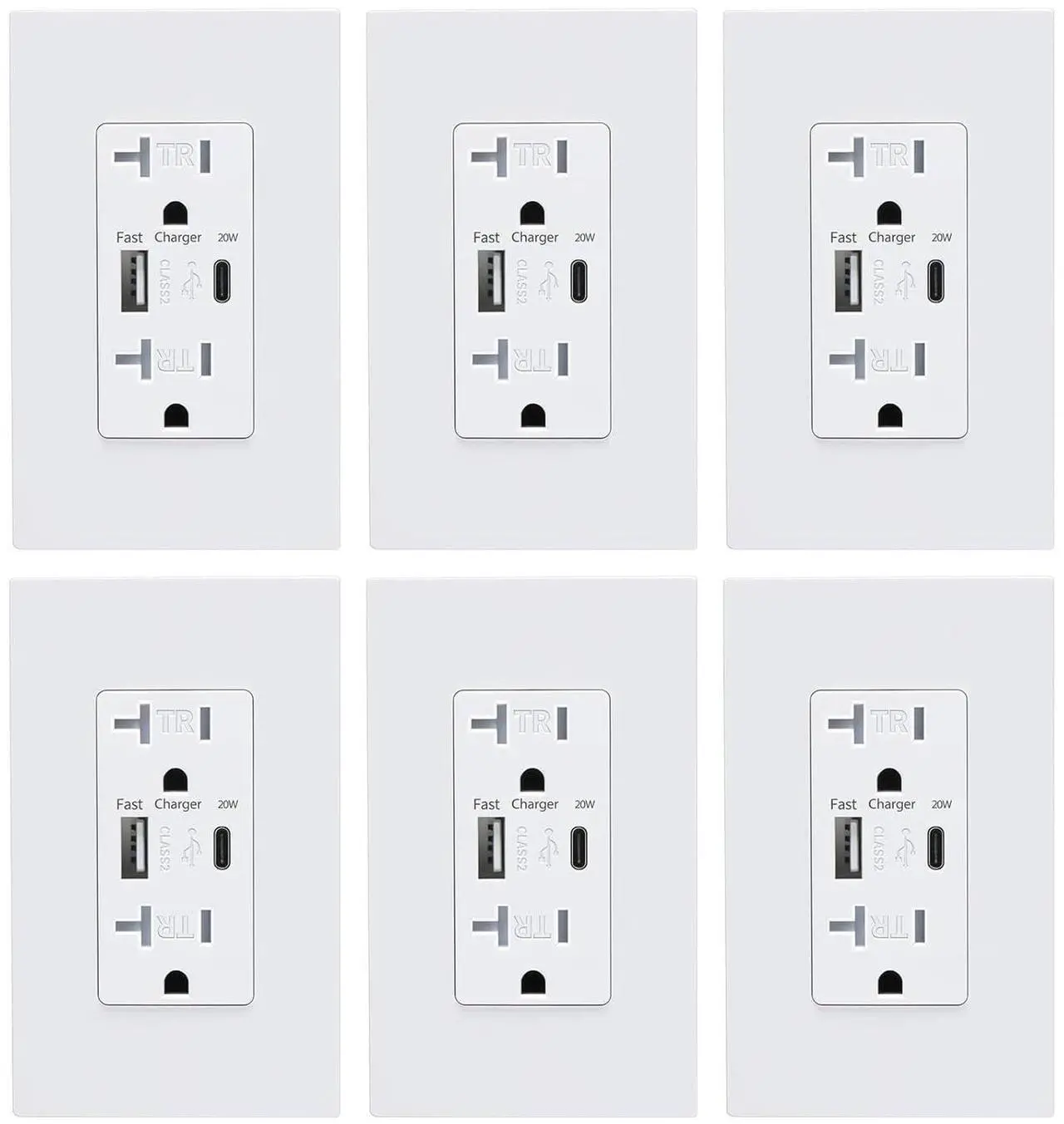 Main image of USB Wall Outlet, USB Charger Outlets Receptacles with 4.2A USB C Ports, 20 Amp Duplex Tamper Resistant Receptacle Plug with USB Electrical Outlet, Wall Plate Included, ETL ListedWhite, 6 Pack