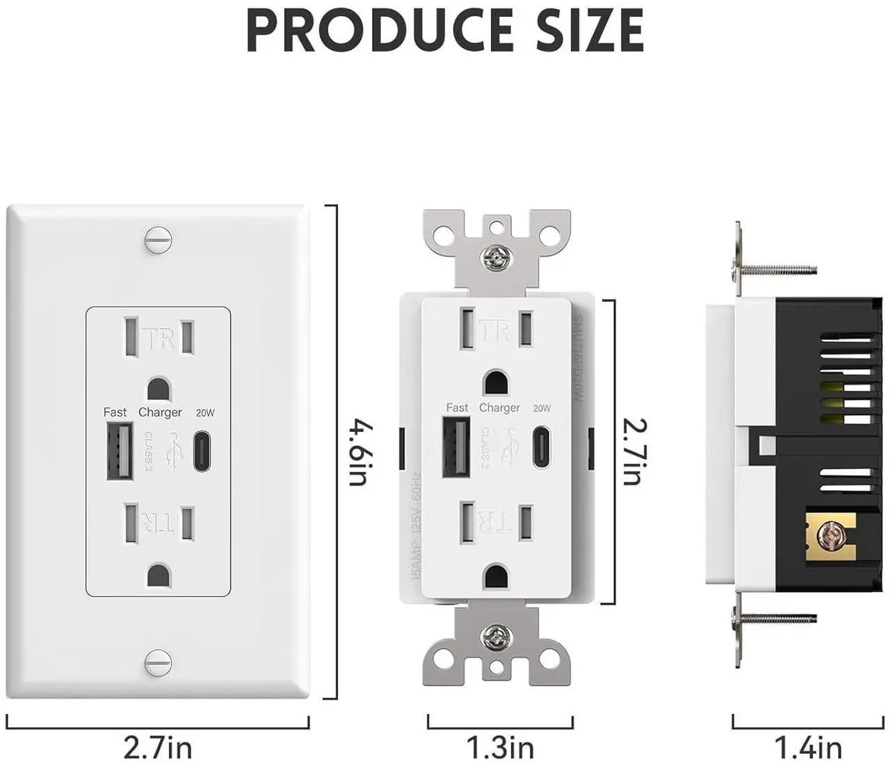 Alt view image 6 of 6 - 2-Pack USB Outlet, USB Outlets Receptacles with Type A & Type C Ports (PD20W), 15Amp Tamper Resistant Receptacles, ETL Listed, White