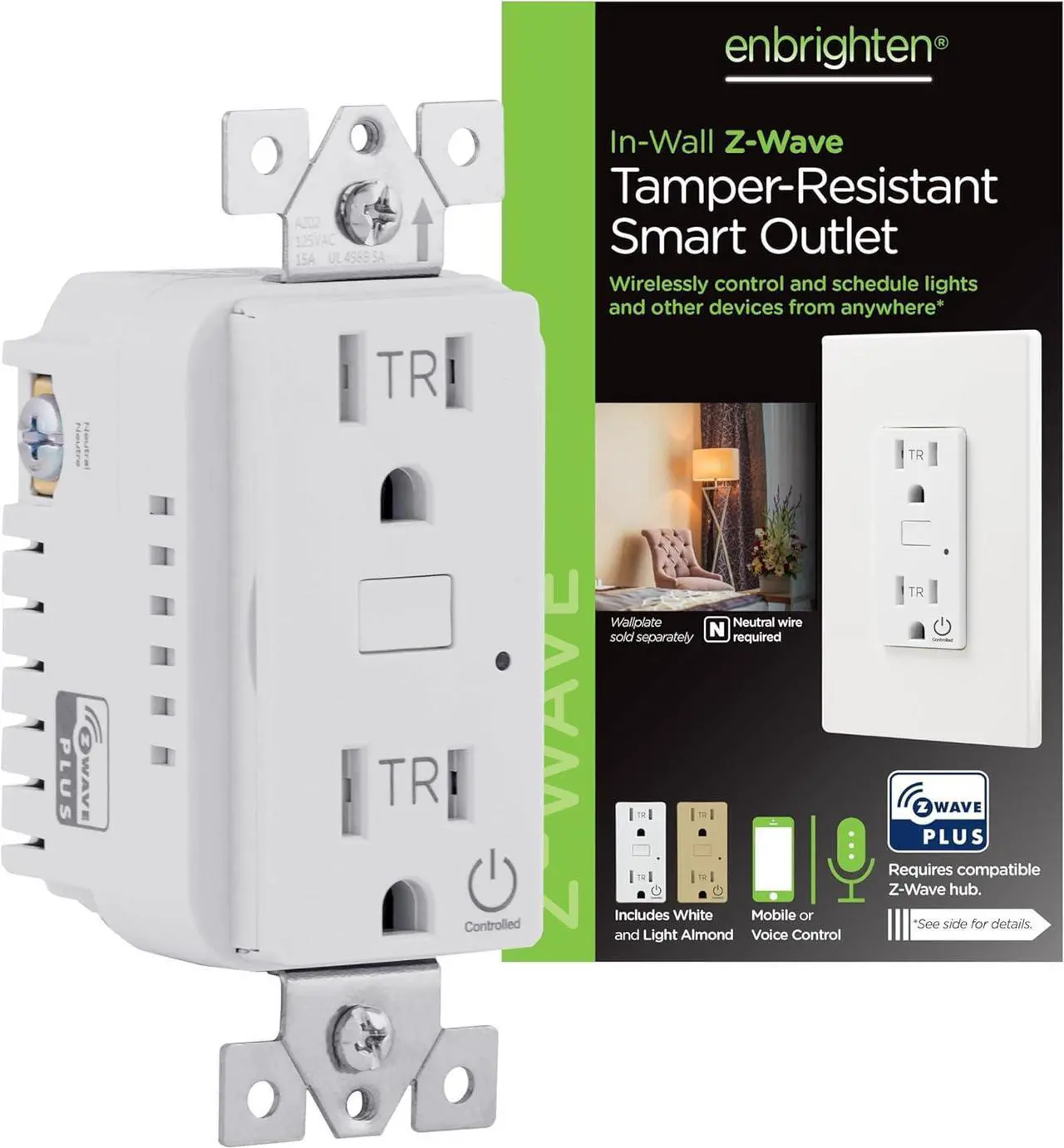 Main image of Enbrighten Z-Wave Plus Smart Receptacle, Works with Alexa, Google Assistant, Tamper-Resistant, Z-Wave Outlet, Always On Outlet, Hub Required, Smart Outlet, Lamps, Small Appliances, 700 Series, 58449