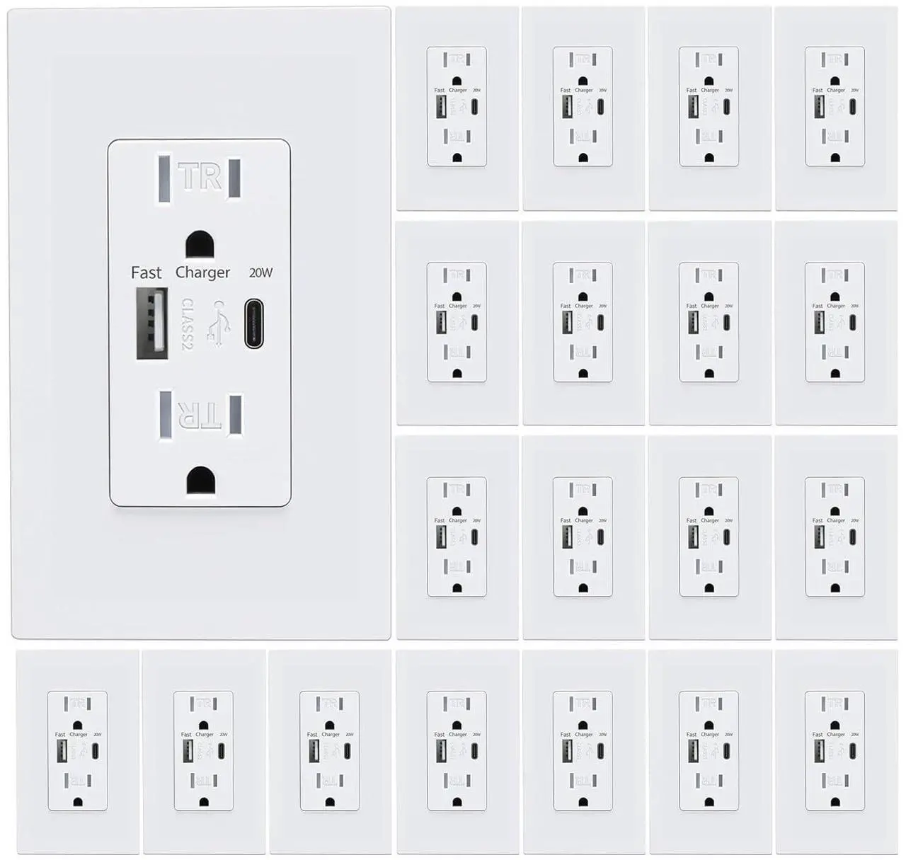 Main image of USB Wall Outlet, USB Charger Outlets Receptacles with 4.2A USB C Ports, 15 Amp Duplex Tamper Resistant Receptacle Plug with USB Electrical Outlet, Wall Plate Included, ETL ListedWhite, 20 Pack