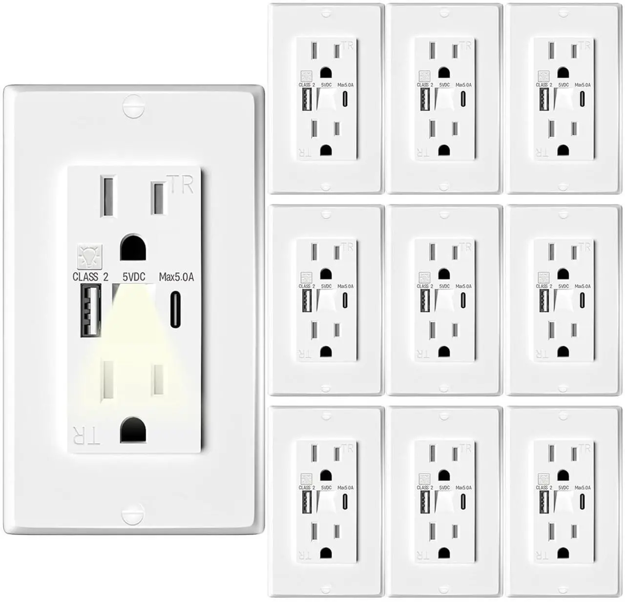 Main image of USB Outlet with Night Lights,15Amp Tamper Resistant Outlet with Built in Lights fit for Livingoom, and Type A & Type-C USB in-Wall Charger fit for Smart Phones,White (10)