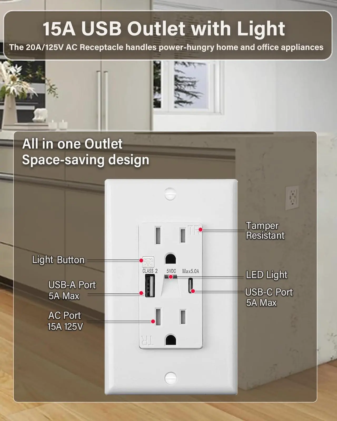 Alt view image 3 of 7 - USB Outlet with Night Lights,15Amp Tamper Resistant Outlet with Built in Lights fit for Livingoom, and Type A & Type-C USB in-Wall Charger fit for Smart Phones,White (10)