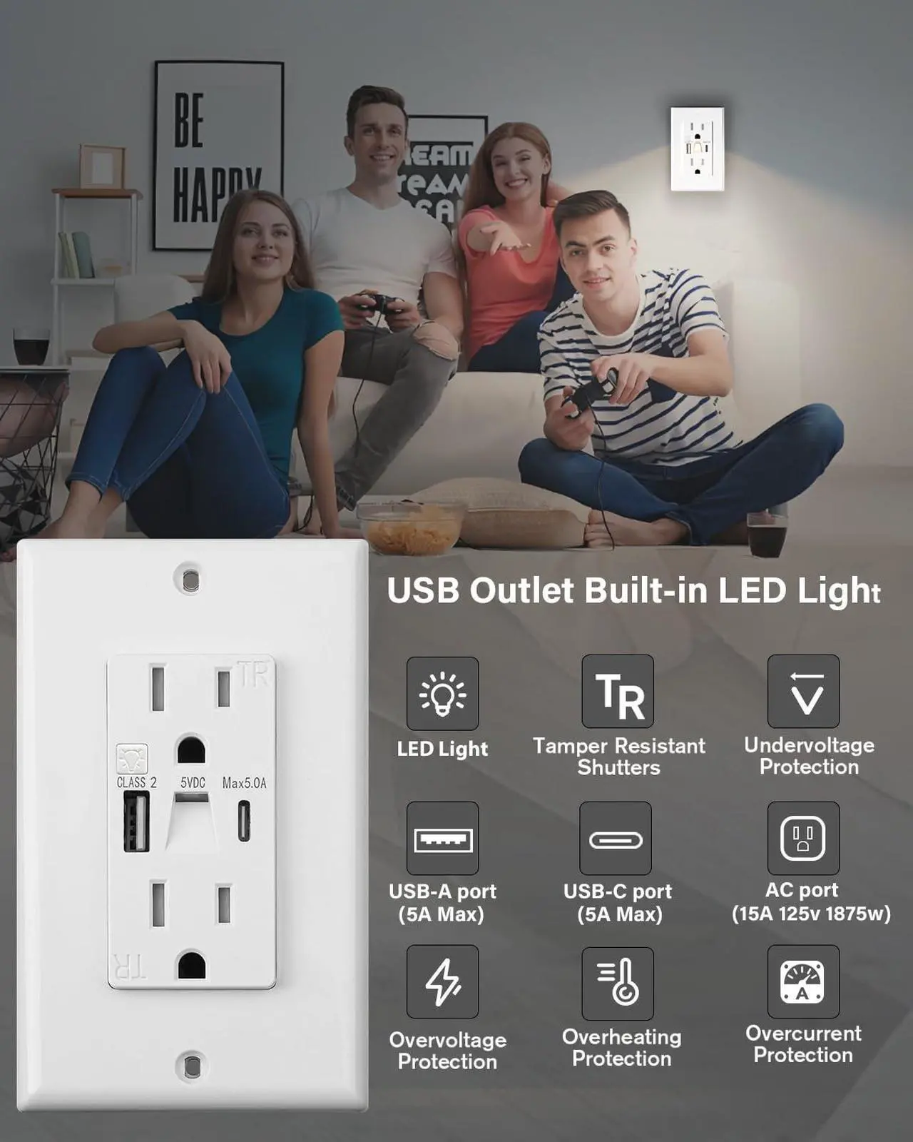 Alt view image 4 of 7 - USB Outlet with Night Lights,15Amp Tamper Resistant Outlet with Built in Lights fit for Livingoom, and Type A & Type-C USB in-Wall Charger fit for Smart Phones,White (10)