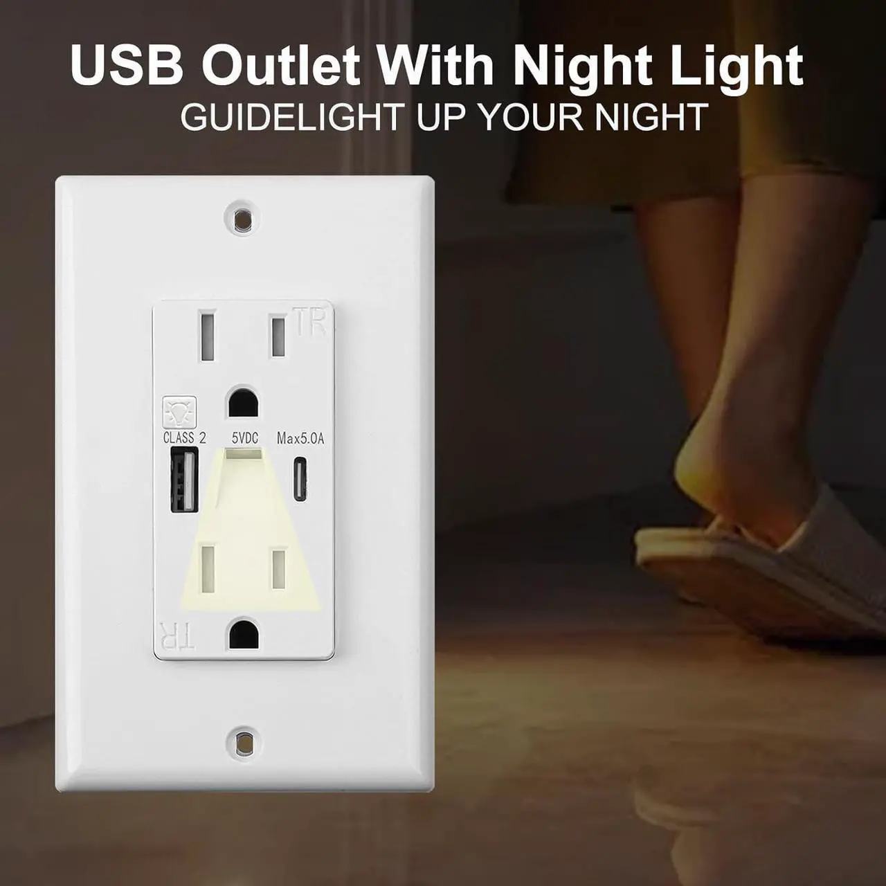 Alt view image 5 of 7 - USB Outlet with Night Lights,15Amp Tamper Resistant Outlet with Built in Lights fit for Livingoom, and Type A & Type-C USB in-Wall Charger fit for Smart Phones,White (10)
