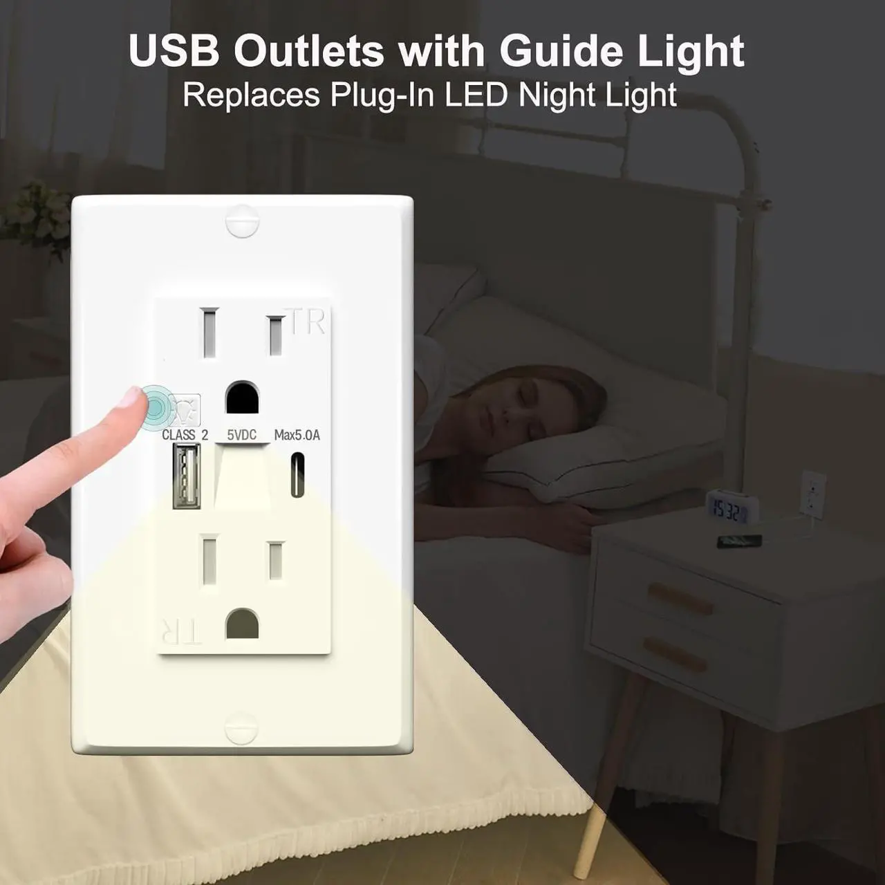 Alt view image 7 of 7 - USB Outlet with Night Lights,15Amp Tamper Resistant Outlet with Built in Lights fit for Livingoom, and Type A & Type-C USB in-Wall Charger fit for Smart Phones,White (10)