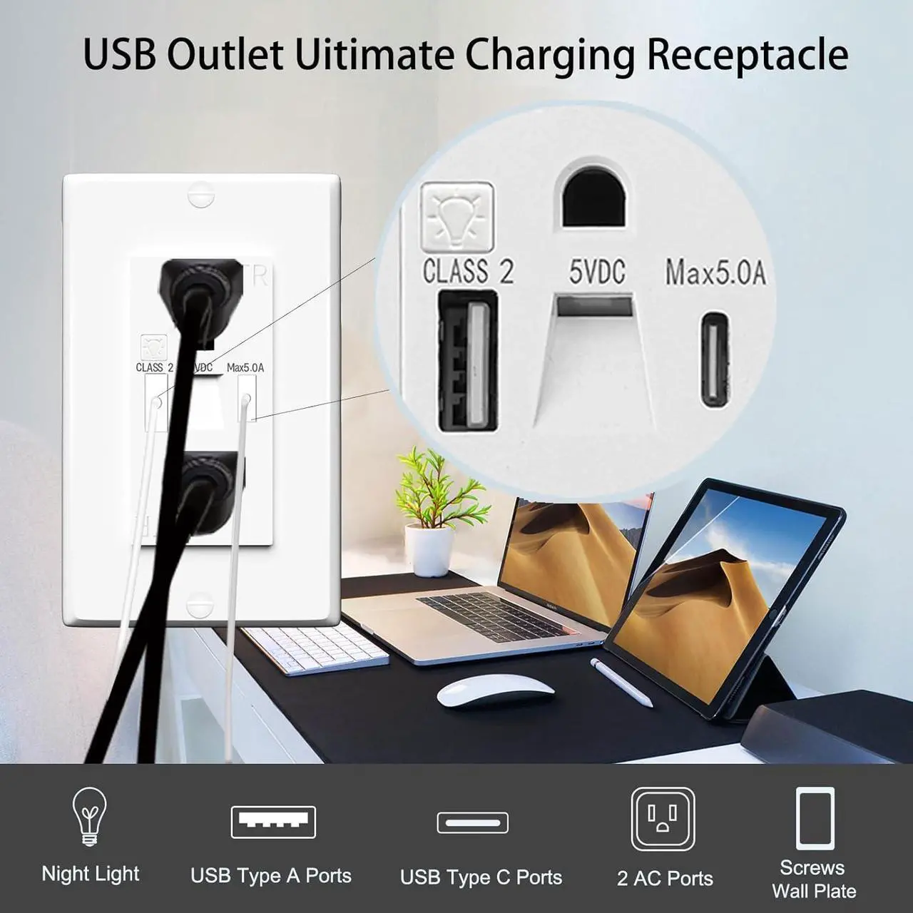 Alt view image 6 of 7 - USB Outlet with Night Lights,15Amp Tamper Resistant Outlet with Built in Lights fit for Livingoom, and Type A & Type-C USB in-Wall Charger fit for Smart Phones,White (10)