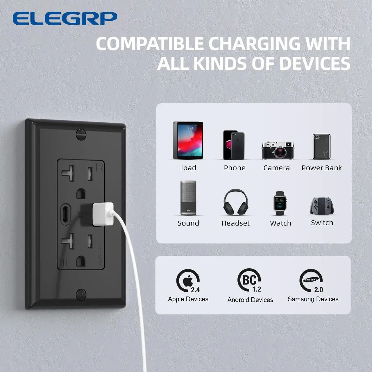 Alt view image 3 of 7 - ELEGRP Wall Outlet, 20 Amp C Wall Outlets Receptacles, Outlets with A and C Ports, Tamper Resistant Receptacle, Wall Plate Included, UL Listed, 1 Pack, Black