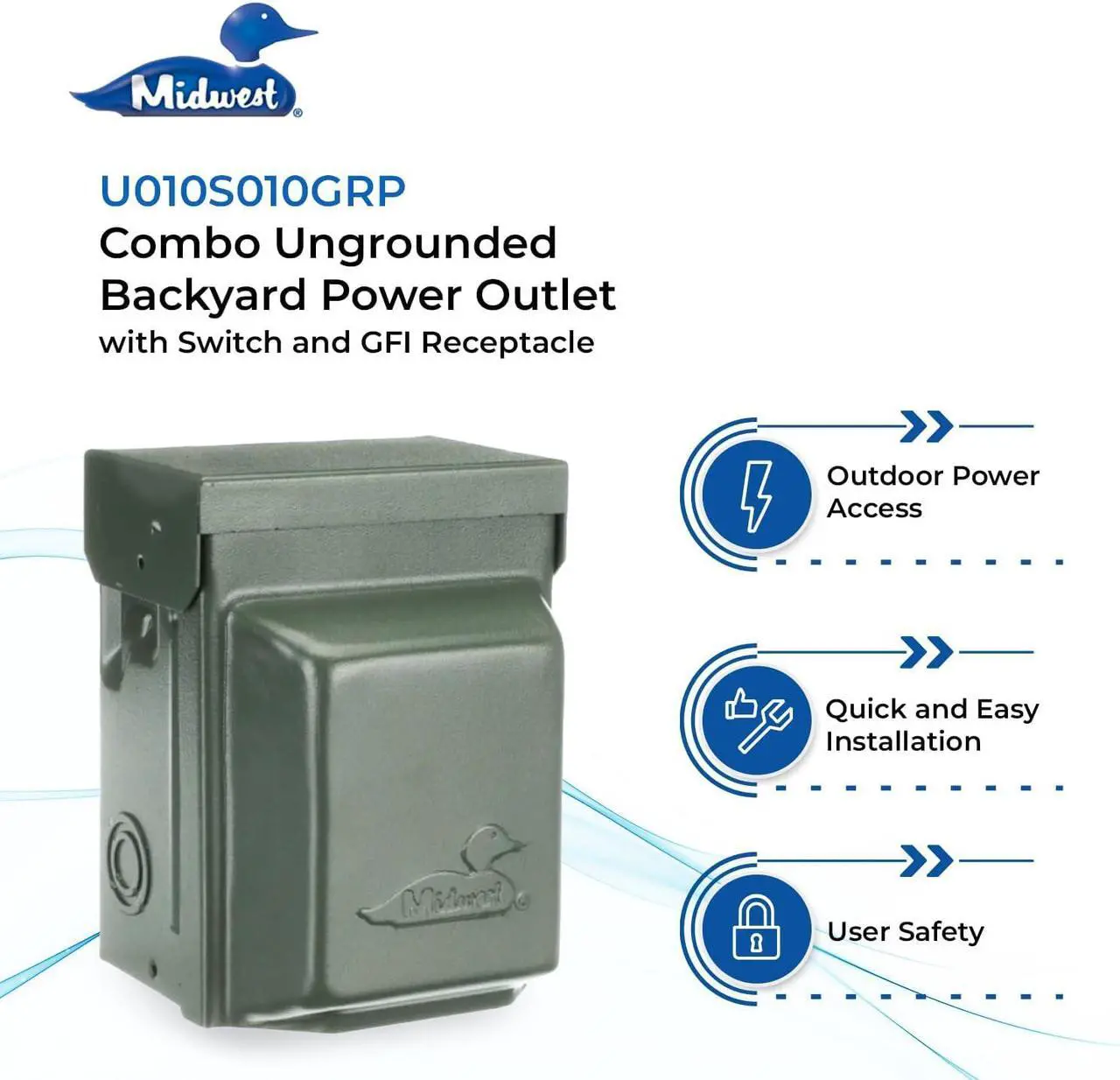 Alt view image 4 of 6 - MIDWEST U010S010GRP Power Outlet with Switch  20 Amp Backyard Outlet with Switch and GFI Receptacle  Weather-Resistant  GFCI Safety Circuit  Green Outdoor Metal Enclosure
